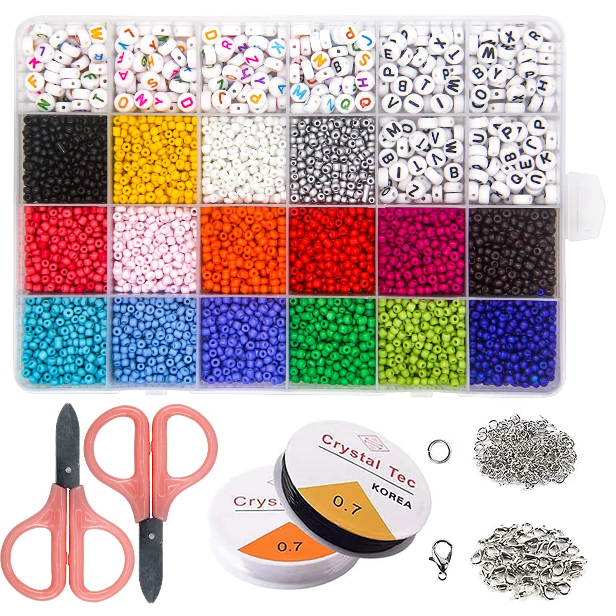 M&J Glass Colorful Beads 6800 Pieces Beads for Threading with Letter Beads, Mini Beads for Bracelets Jewellery Crafts DIY Gift for Adults Children