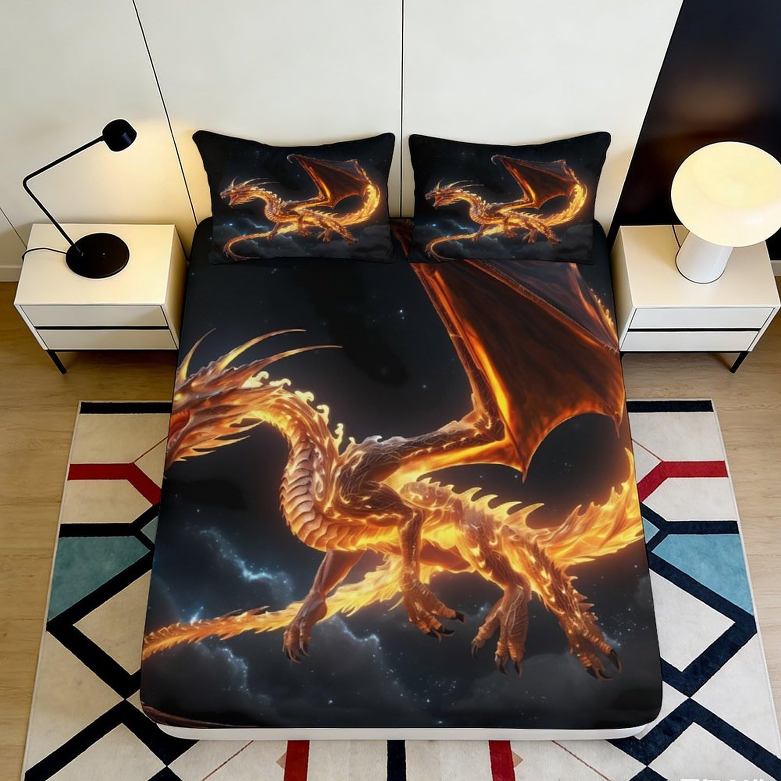 3D Printed Fire Dragon Fitted Sheet Microfiber Non Slip Bed Sheet Decor Fantasy Dragon Mattress Cover 90x200x25cm