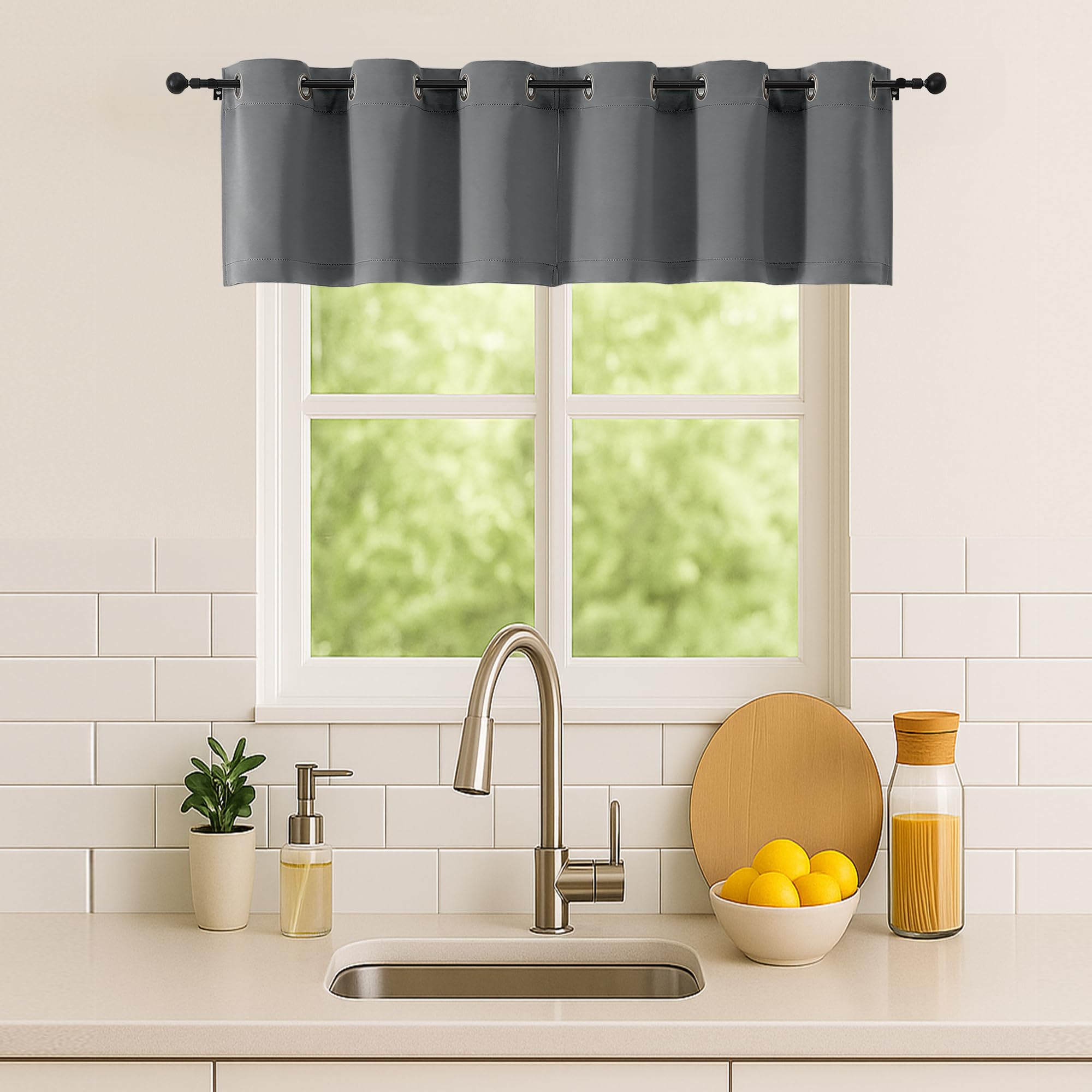 Simplebrand Light Grey Window Valance for Kitchen 14 Inches Long 2 Panels Set, Room Darkening Valance Curtains for Living Room, Grommet Short Privacy Kitchen Curtains for Bedroom Kids Room, 40Wx14L