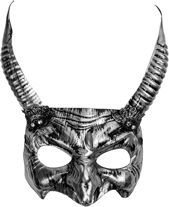 Halloween Masquerade Costume Goblin Women Devil Demon Horns Mask, Horror Creepy Devil Monster Beast Mask Cosplay Prom Ball Masquerade Venetian Goblin Demon Mask with Horns Half Face - Silver