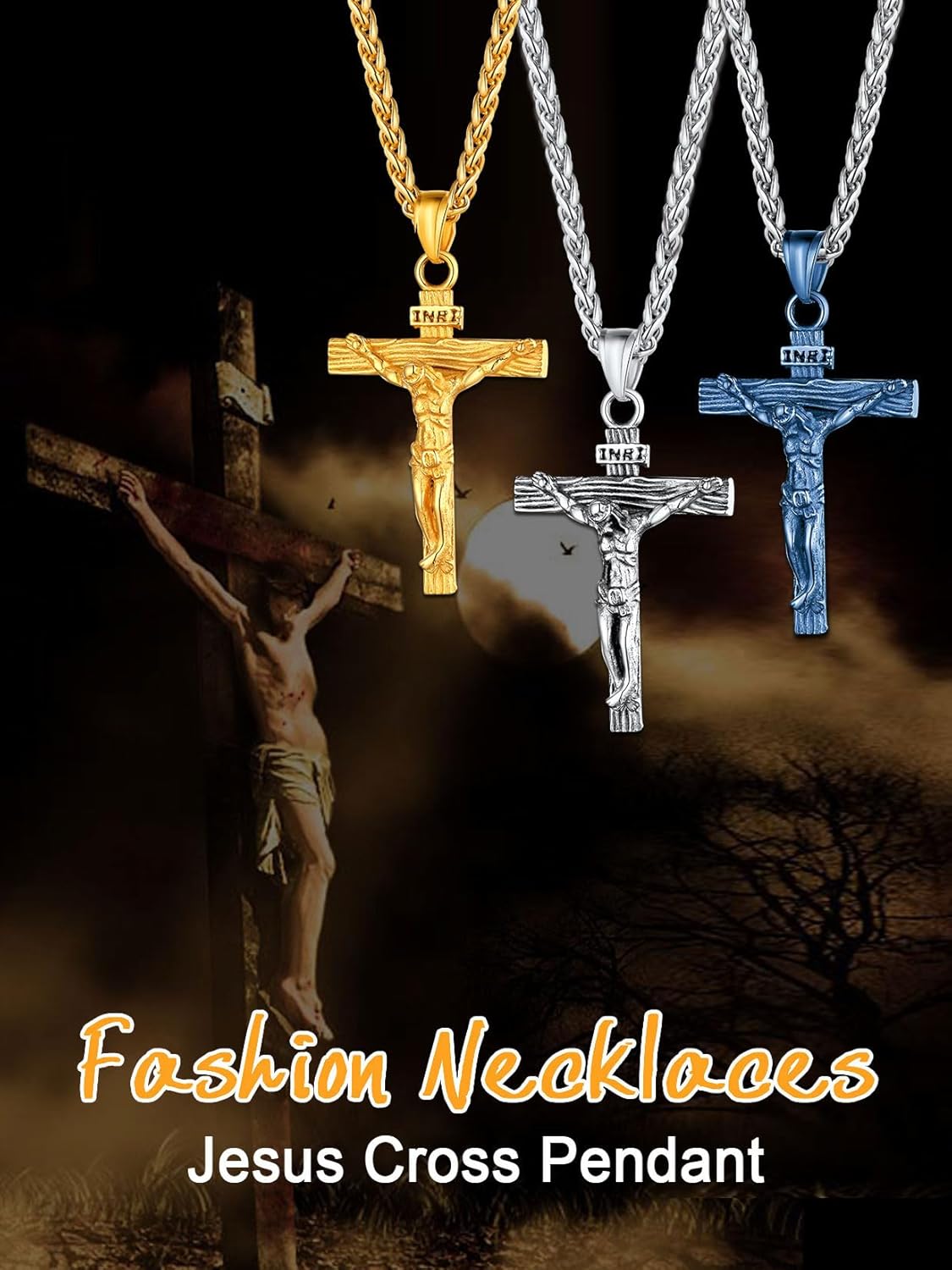 U7 Cross Crucifix Pendant Necklaces (Gold+Steel)