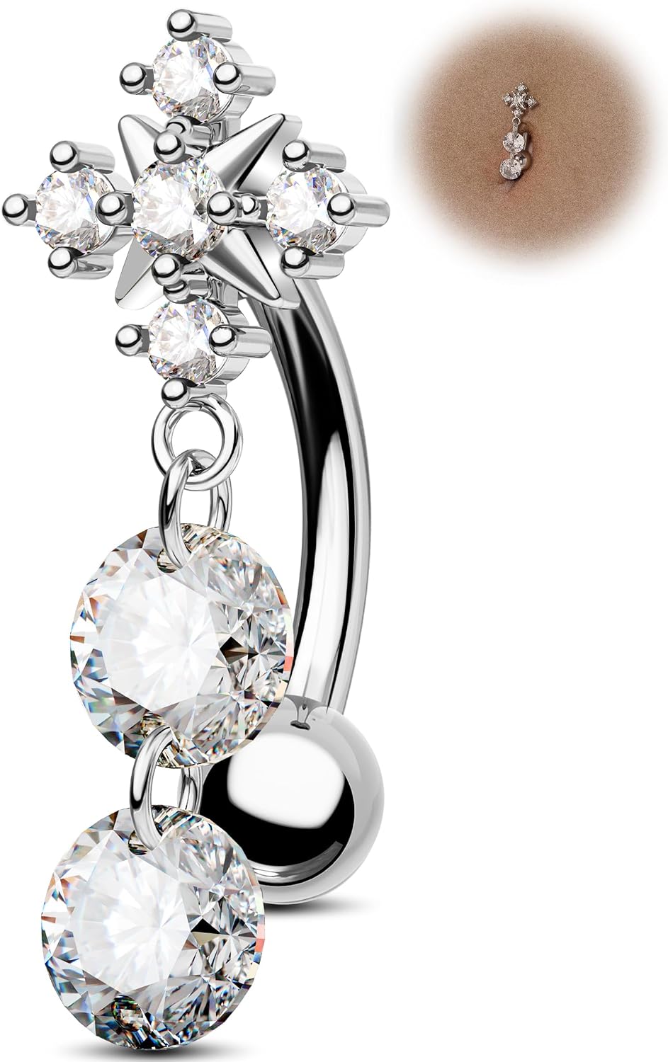 Jewseen Flower Dangle Belly Button Ring, 14G Gold Reverse Belly Button Piercing for Women, Surgical Steel Navel Piercing Jewelry Floating Navel Ring Hypoallergenic