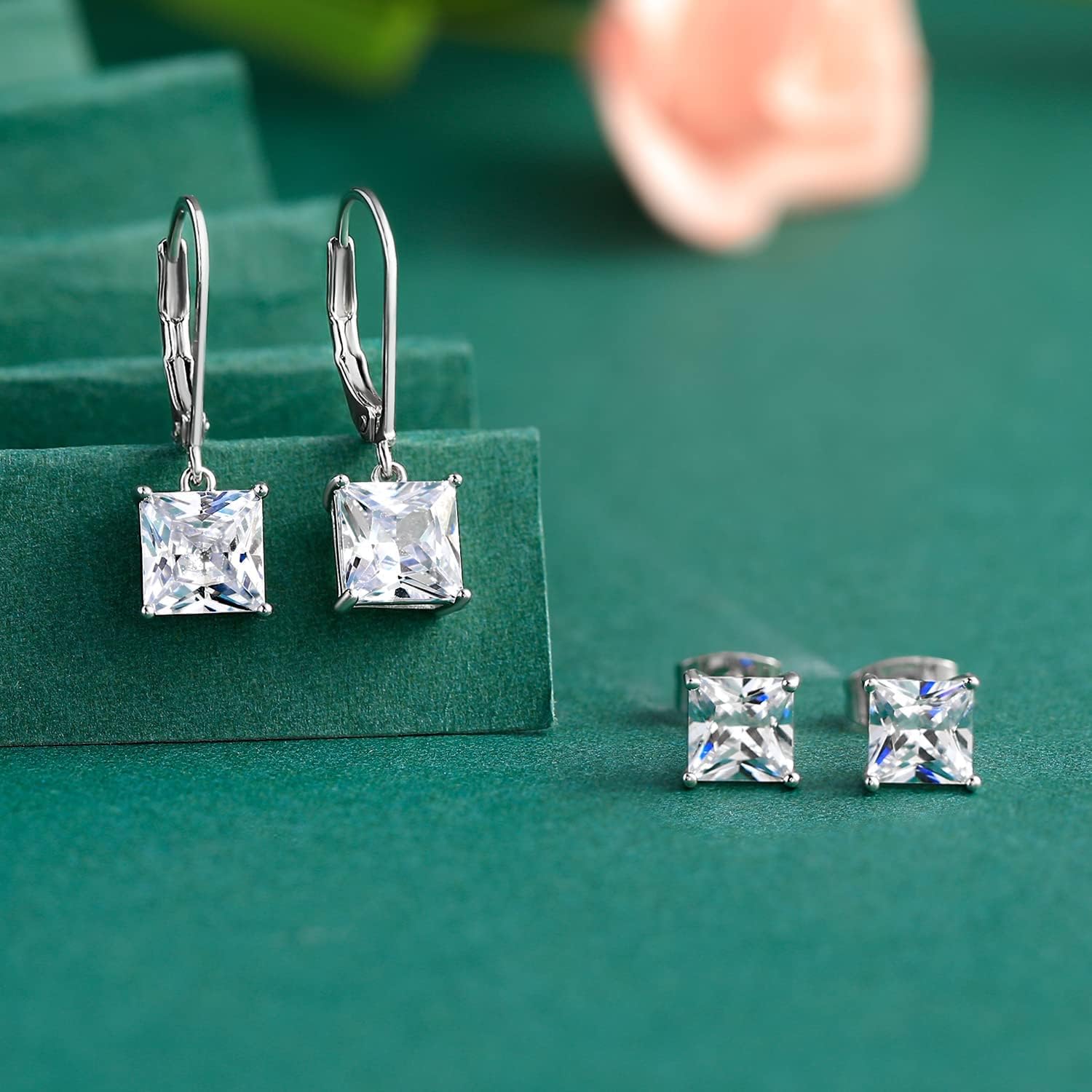 18K White Gold Plated Earrings Round Princess Cut Clear Cubic Zirconia Tear Drop Dangle Earrings for Women Hypoallergenic - Image 4