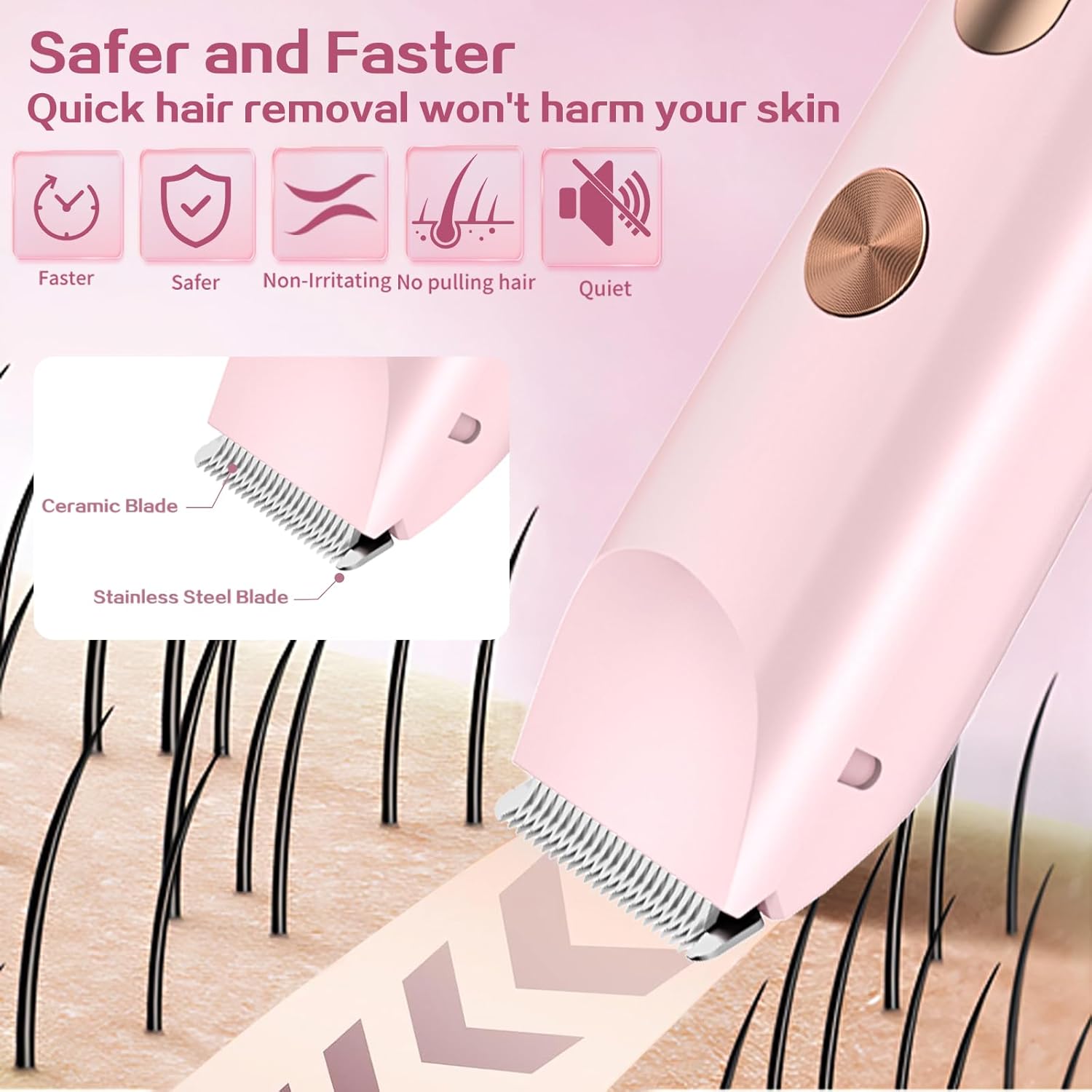 2 in 1 Bikini Trimmer for Women, Dual Head Electric Shaver with LED Display, IPX7 Waterproof Body Pubic Hair Trimmer Rechargeable Womens Electric Razor for Armpit Leg Body Facial (Pink) - Image 2