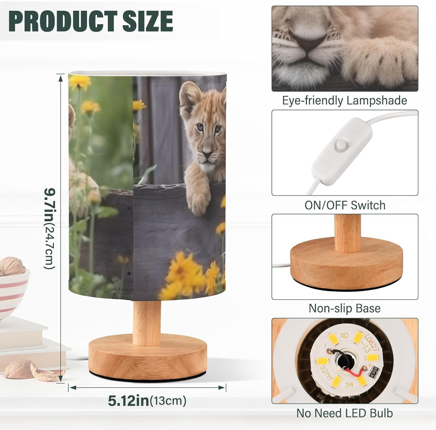 Table Lamp LED Warm Light with USB Port, Decor Night Stand Side Lamp for Bedroom, Living Room, Office-Cub Lions Print