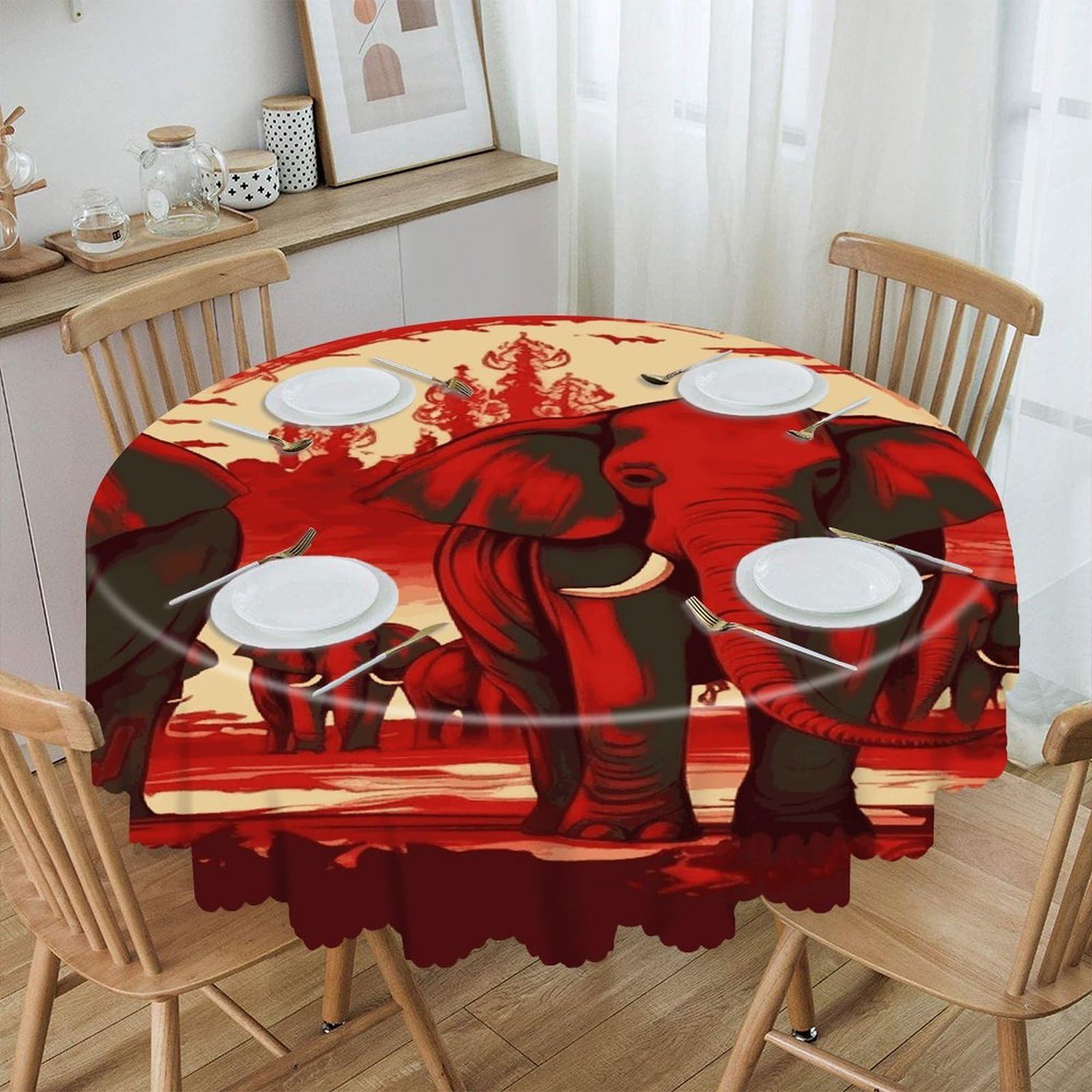 FekiLoot 60 Inch Round Elephants Red Tablecloth Waterproof Heavy Duty Polyester Table Cloth Spill-Proof Wipeable Table Cover Decorative Circle Dining Tablecover for Party Outdoor
