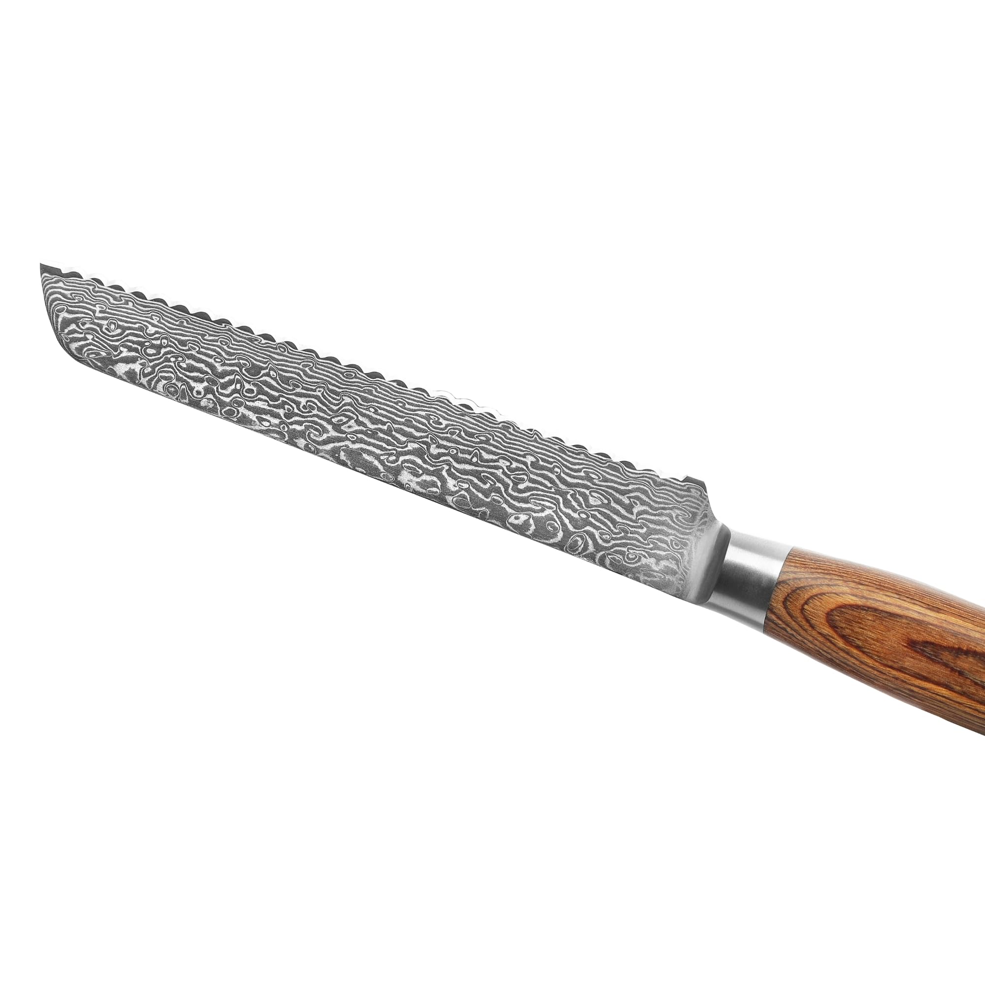 Wakoli EDIB Pro Brotmesser, 20 cm Klinge aus Damaststahl mit VG10 Kern | Wellenschliff für Brot, Brötchen, Baguette und Kuchen; 67 Lagen, 60 ± 2 HRC, 34 cm Gesamtlänge, Pakkaholzgriff, Geschenkbox