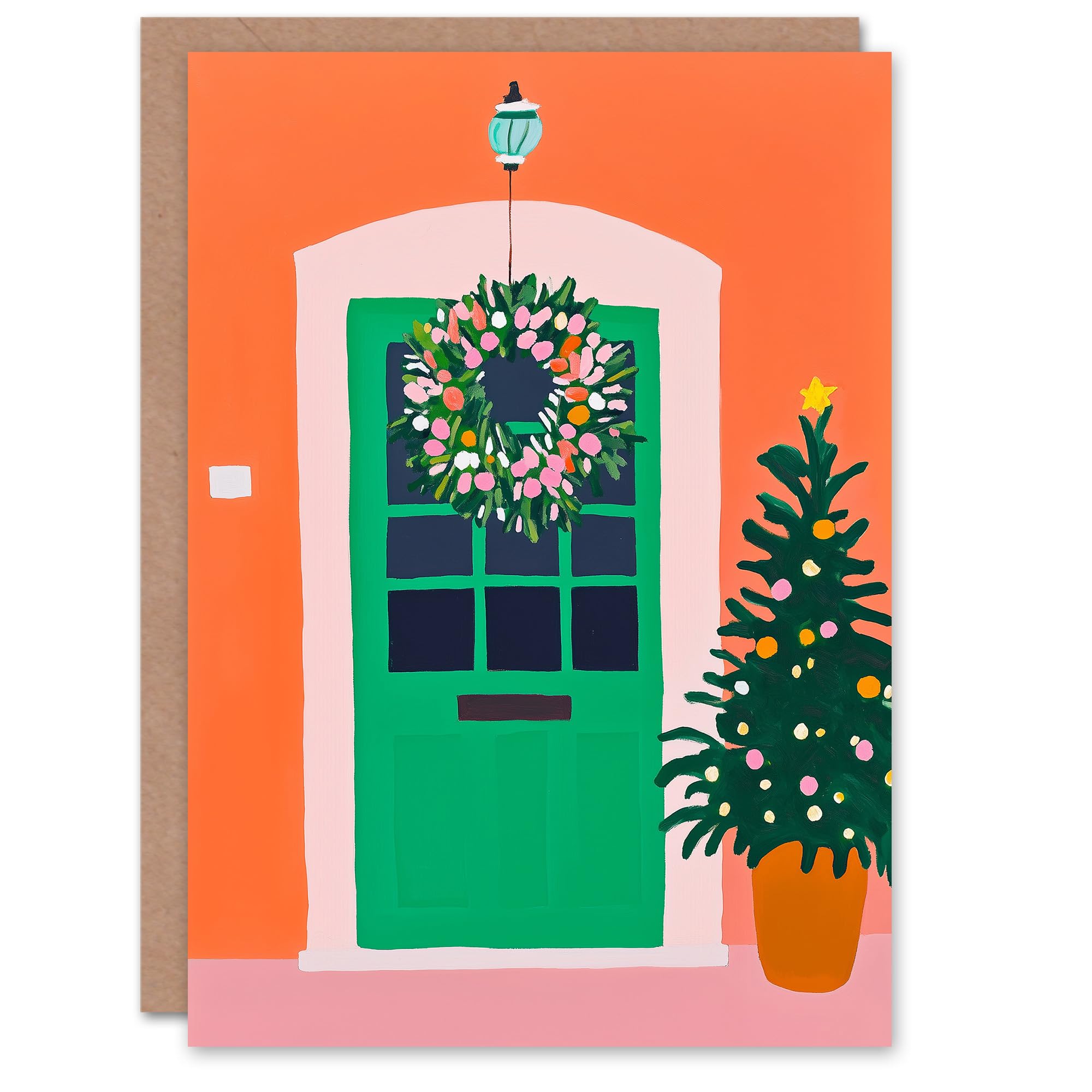 Wee Blue Coo Greeting Card Front Door Wreath Decorated Potted Tree Painting Blank For Him Or Her Art Xmas Christmas Card