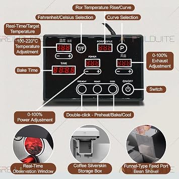 Coffee Bean Roasting Machine For Home Use, Professional Coffee Roaster For 100-300g Coffee Bean, With 9 Pre-Set Curve For Light/Medium/Dark Roasts, Includes Smoke Filter+Smoke Pipes