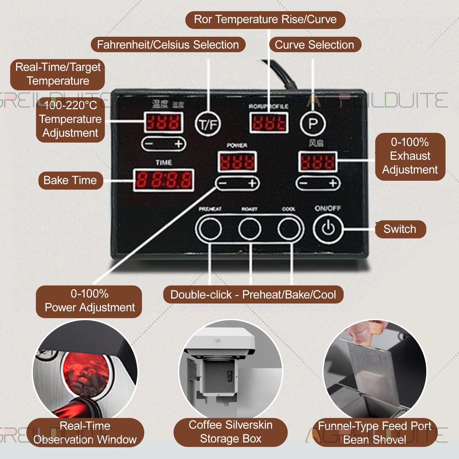 Kaffeebohnenröstmaschine, Professioneller Kaffeeröster Für 100–300 G Kaffeebohnen, Mit 9 Voreingestellten Kurven Für Helle/Mittlere/Dunkle Röstungen, Inklusive Rauchfilter Und Rauchrohren