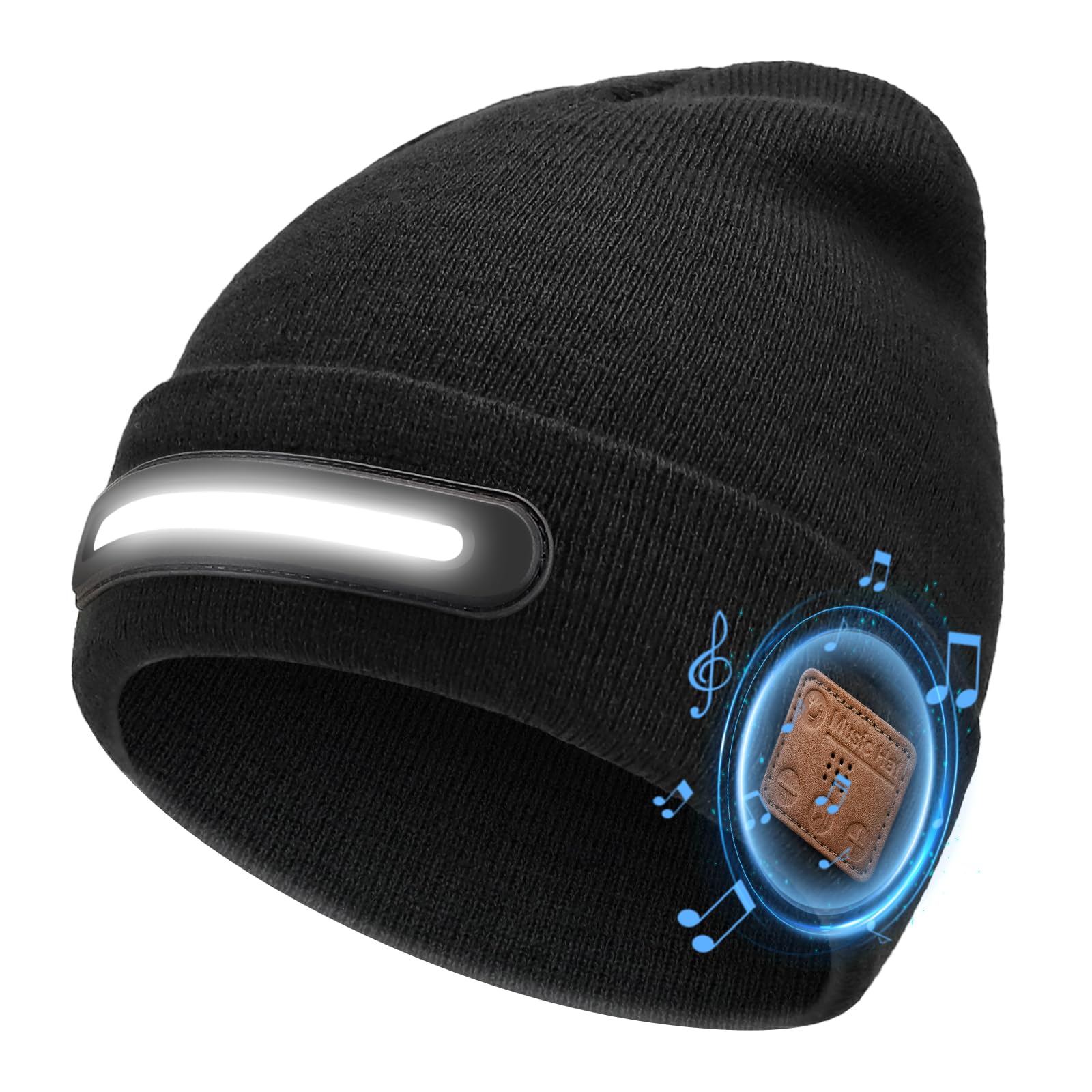 MUSIC Beanie with Light and Bluetooth Headphones, Rechargeable Headlamp Beanie Hat, Gifts for Men & Women
