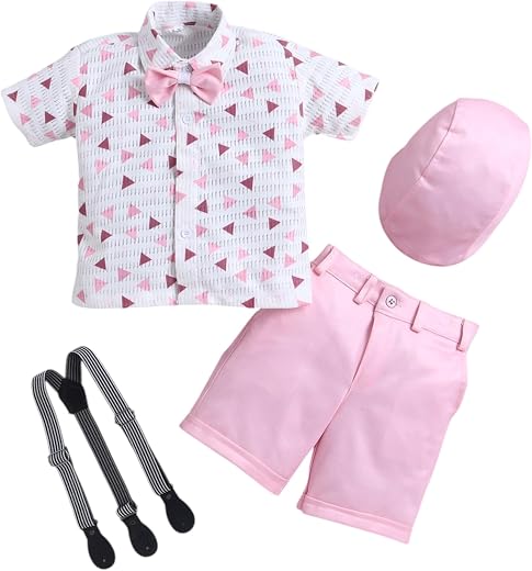 FOURFOLDS Boys Cotton Blend Geometric Triangle Print Shirt &amp; Shorts Set With Cap, Suspender &amp; Bow
