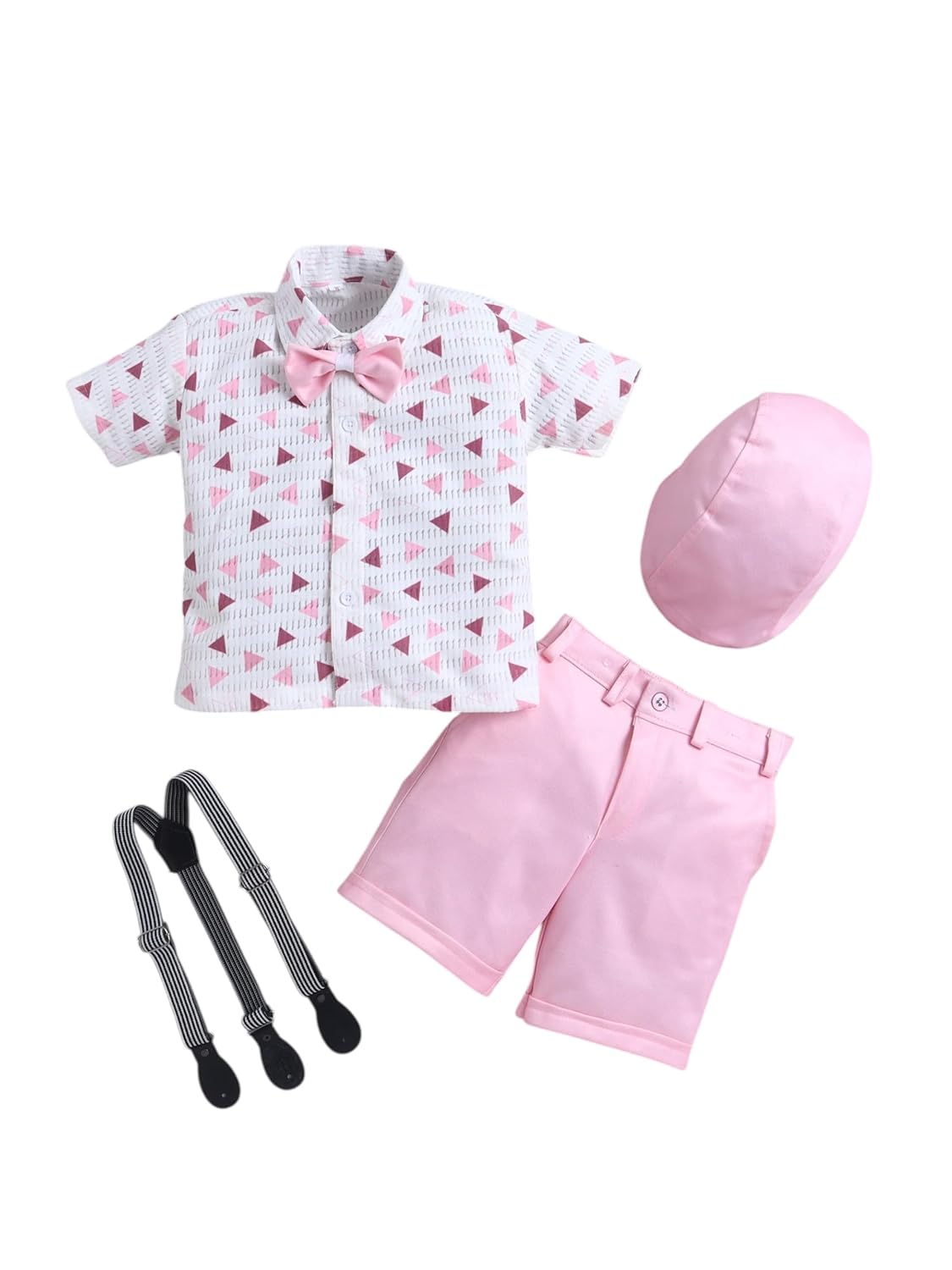 FOURFOLDS Boys Cotton Blend Geometric Triangle Print Shirt & Shorts Set With Cap, Suspender & Bow - Review, Price and Buying Guide