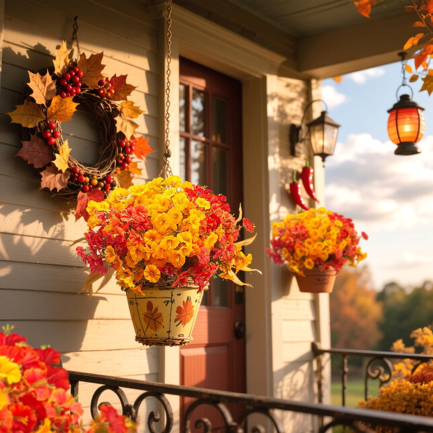 16 PCS Outdoor Fall Artificial Flower - Autumn Thanksgiving Halloween Porch Decor, Faux UV-Resistant Plants for Front Door, Wall, Fence, Fireplace Mantel Decorations - Image 4