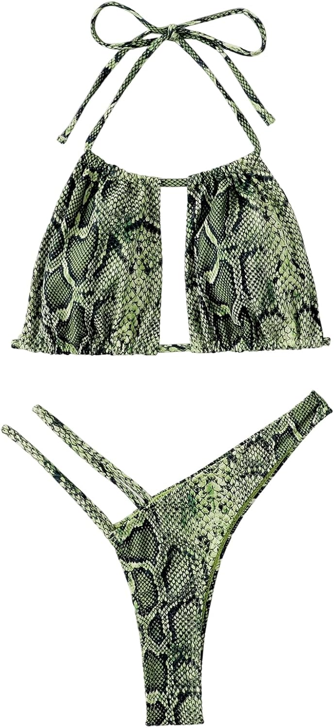 WDIRARA Women's Snakeskin Animal Print String Bikini Set Sexy Cut Out 2 Piece Halter Swimsuit Thong Bathing Suit