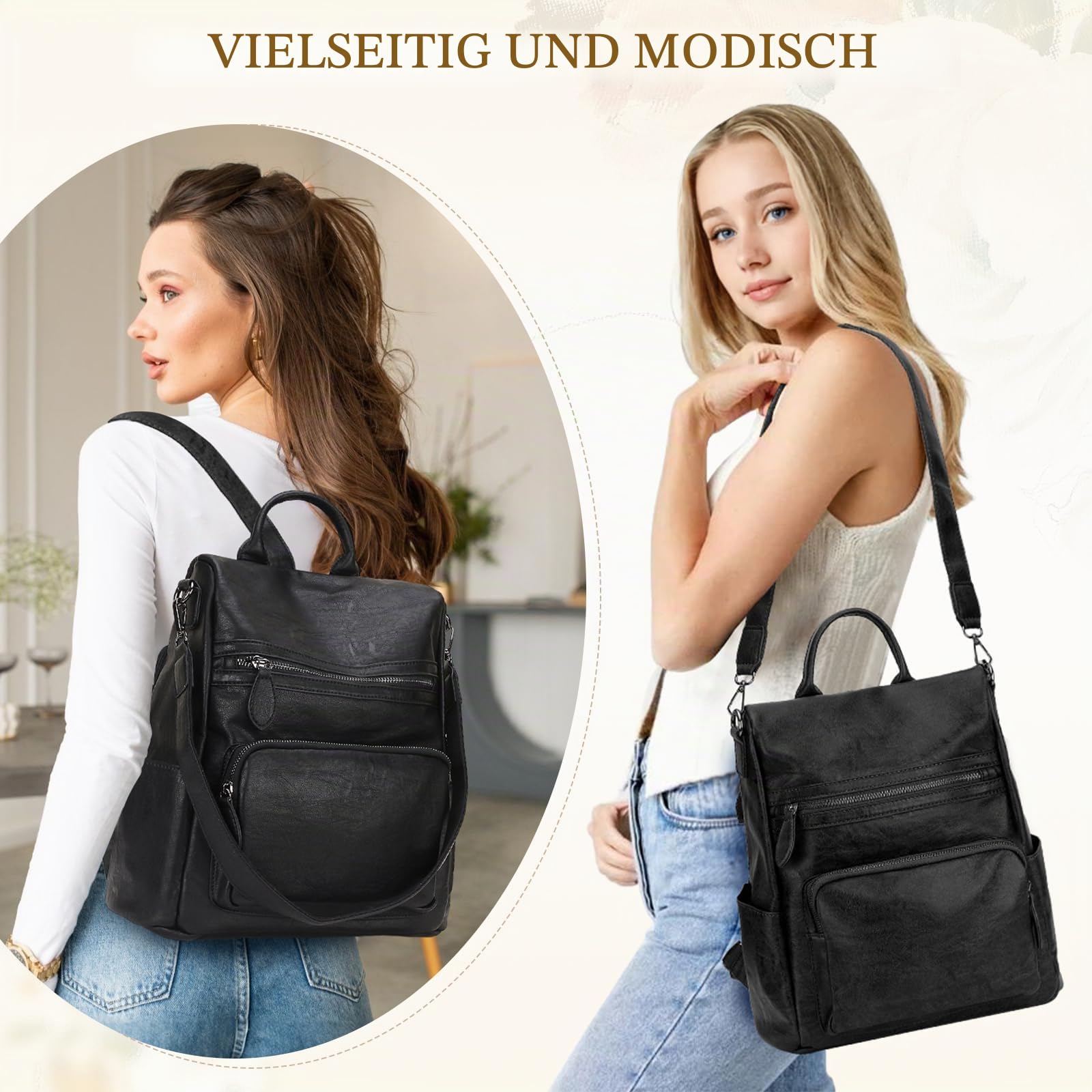 RAVUO Rucksack Damen, Elegant Cityrucksack Anti Diebstahl Pu Leder Rucksackhandtasche Wasserdicht Rucksack Tasche 2 in 1 Schwarz