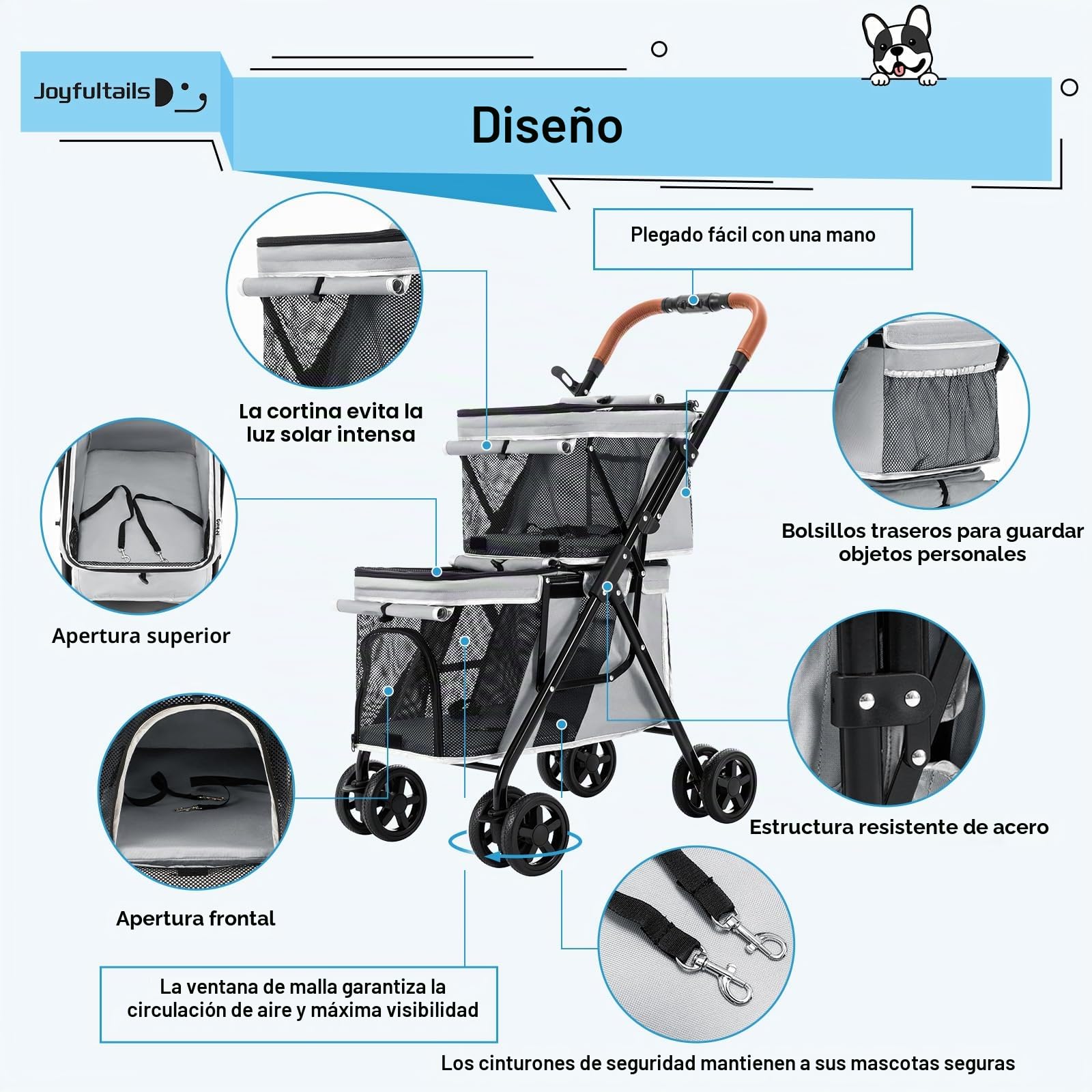 Carrito para Perros Doble Asiento; Carro Plegable 20KG con Freno Seguro y 4 Ruedas - Transporte Cómodo para 2 Perros o Gatos; gris