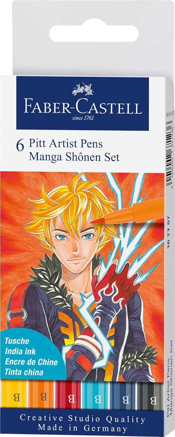 Faber-Castell Pitt Artist Pen Manga Advanced Set 167152 3 stylos à encre de Chine & Lot de 6 stylos à encre Pitt Artist Pen Manga Shônen avec pointe pinceau en différentes couleurs d'écriture