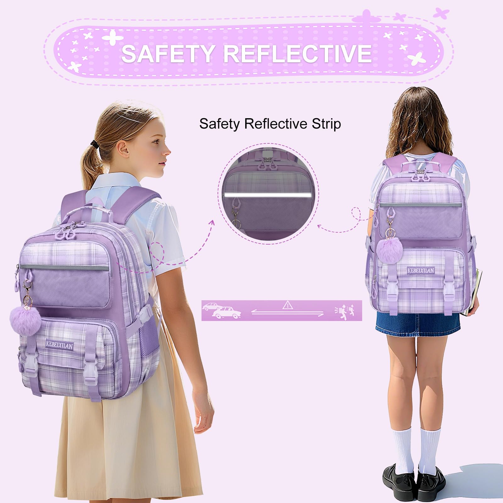 KEBEIXUAN Mochilas Escolares Niña, Personalizada Mochila Colegio Niña de 6 a 12 Años, Kawaii Ligeras Mochila de Niñas Escolar con Colgante