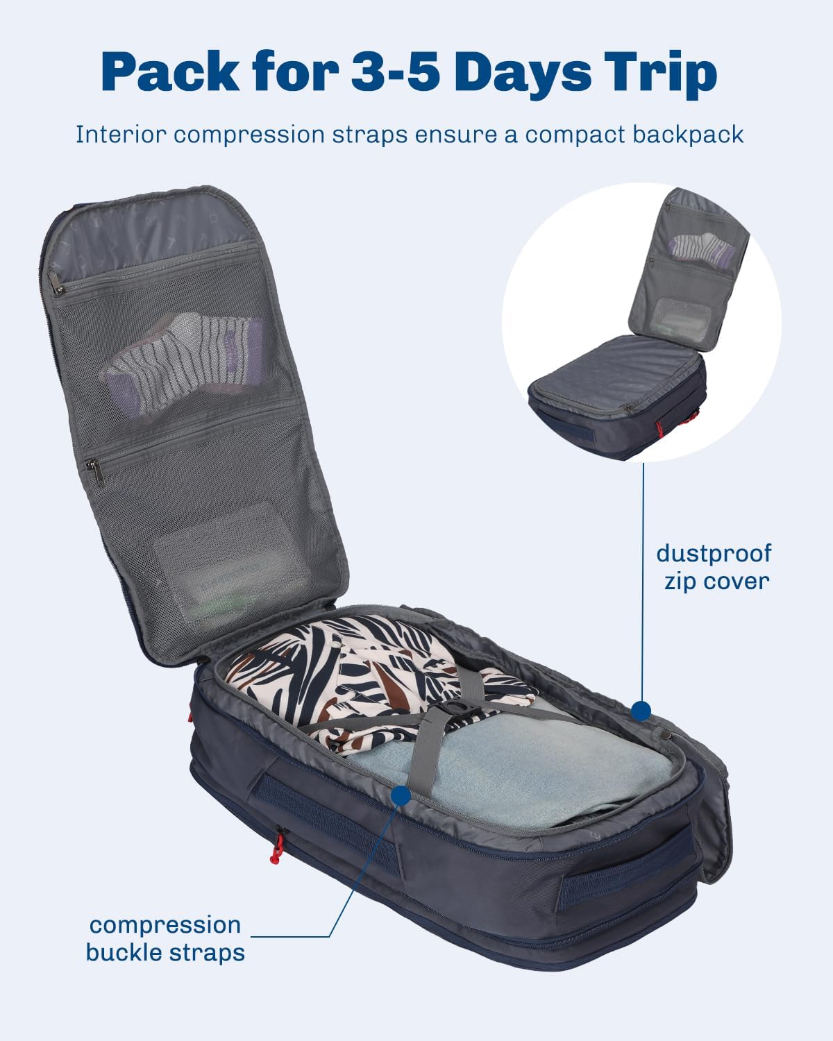 Hynes Eagle TSA Friendly Travel Backpack for Men Women Carry on Backpack 40L Flight Approved Laptop Backpack for 17 inches Compressible Weekender Bag Overnight Backpack Dark Blue - Image 8