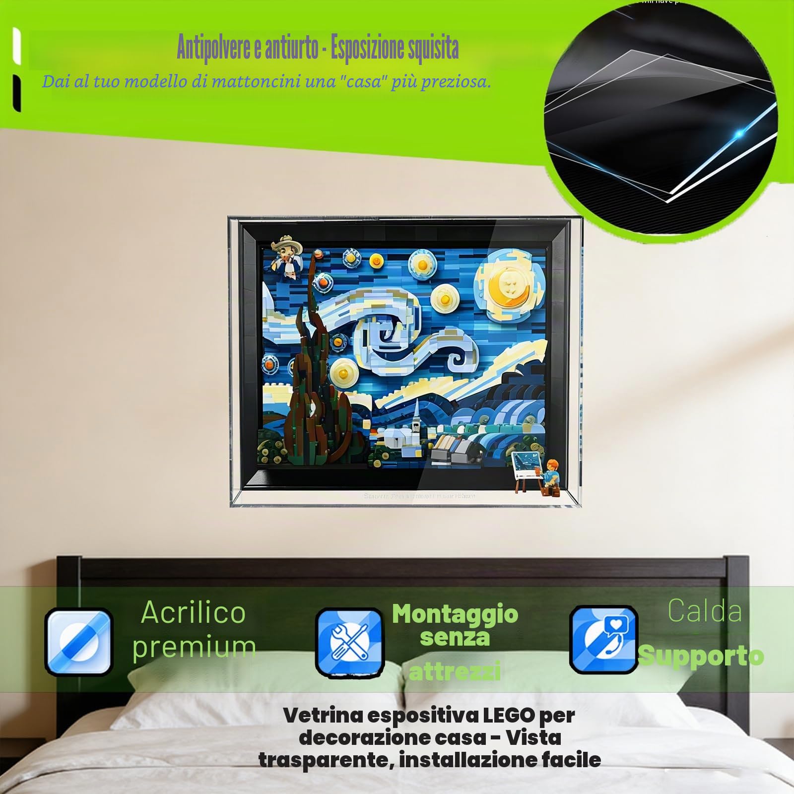 Supporto da parete per LEGO 21333 Van Goghs Notte stellata, vetrina trasparente antipolvere, supporto da parete integrato (modello non incluso)
