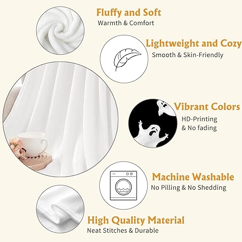 Miniatura 9 de YeeJu Manta de Halloween con bonito diseño de fantasma, para sofá, cama, sala de estar, exterior, acogedora, suave, ligera, mullida, de forro polar,