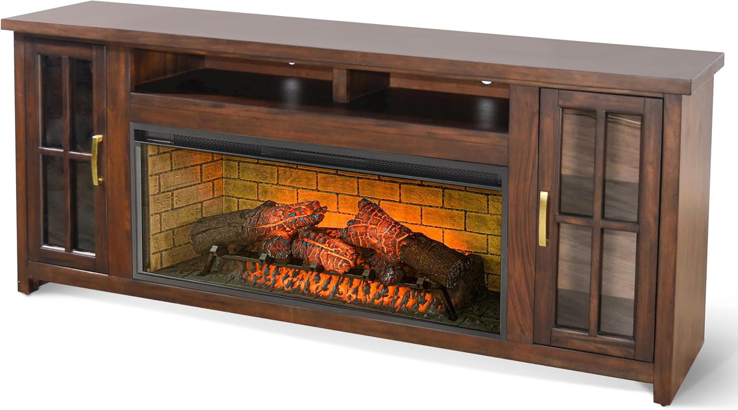 Benzara Gery TV Media Console w Log Fireplace, 76 Inch, 2 Cabinets, Dark Brown