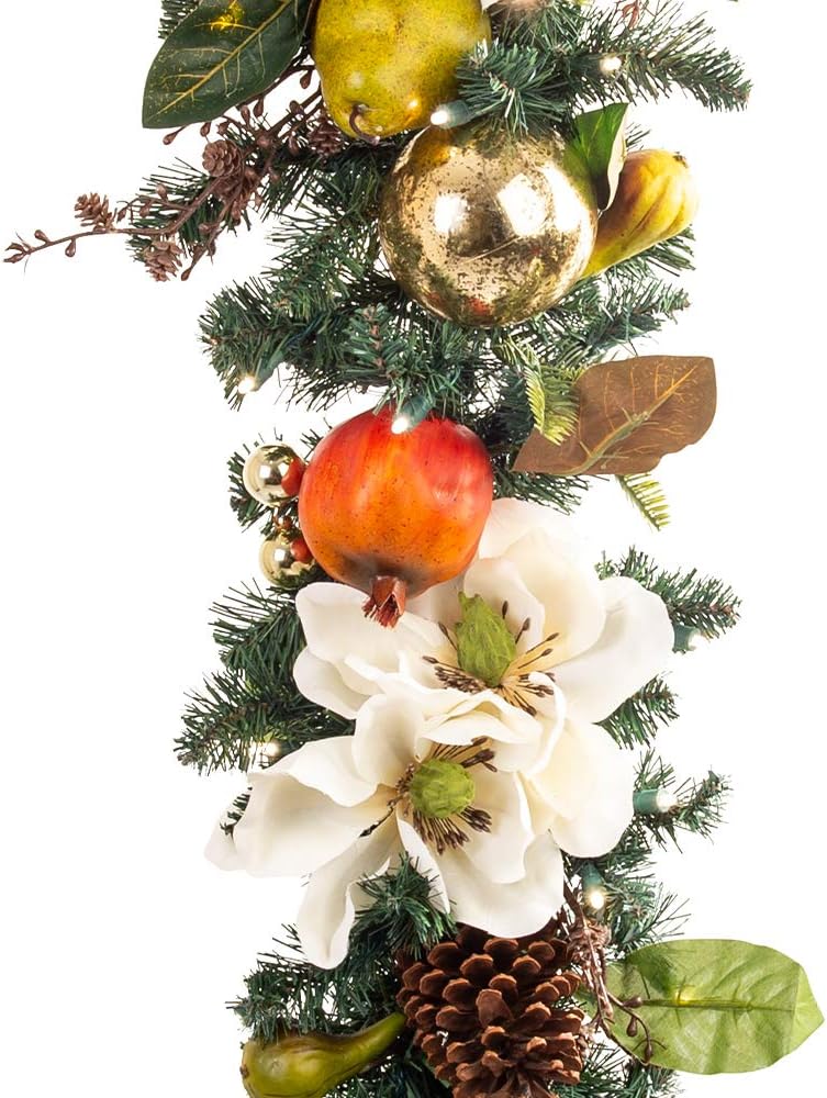 [9 Foot Artificial Christmas Garland] - Magnolia Orchard Collection - Pear and Pomegranate Decoration - Pre Lit with 100 Warm Clear LED Mini Lights - Includes Remote Controlled Battery Pack with Timer