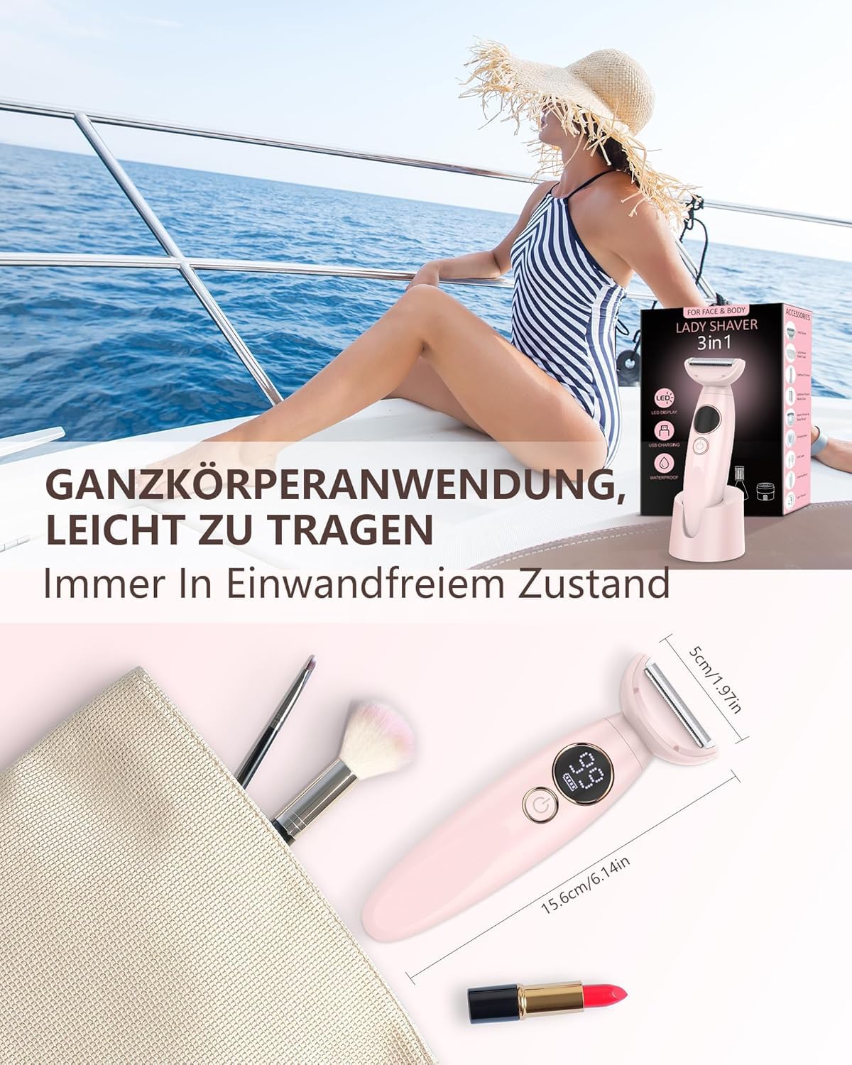 Rasierer Damen,3-In-1 Intimrasierer für Frauen,Gesichtshaarentferner für Frauen,Damenrasierer Elektrisch Nass-Trockenrasierer IPX7 Trimmer Damen,für Bikinizone Achseln Beine,USB-Aufladung,Rosa