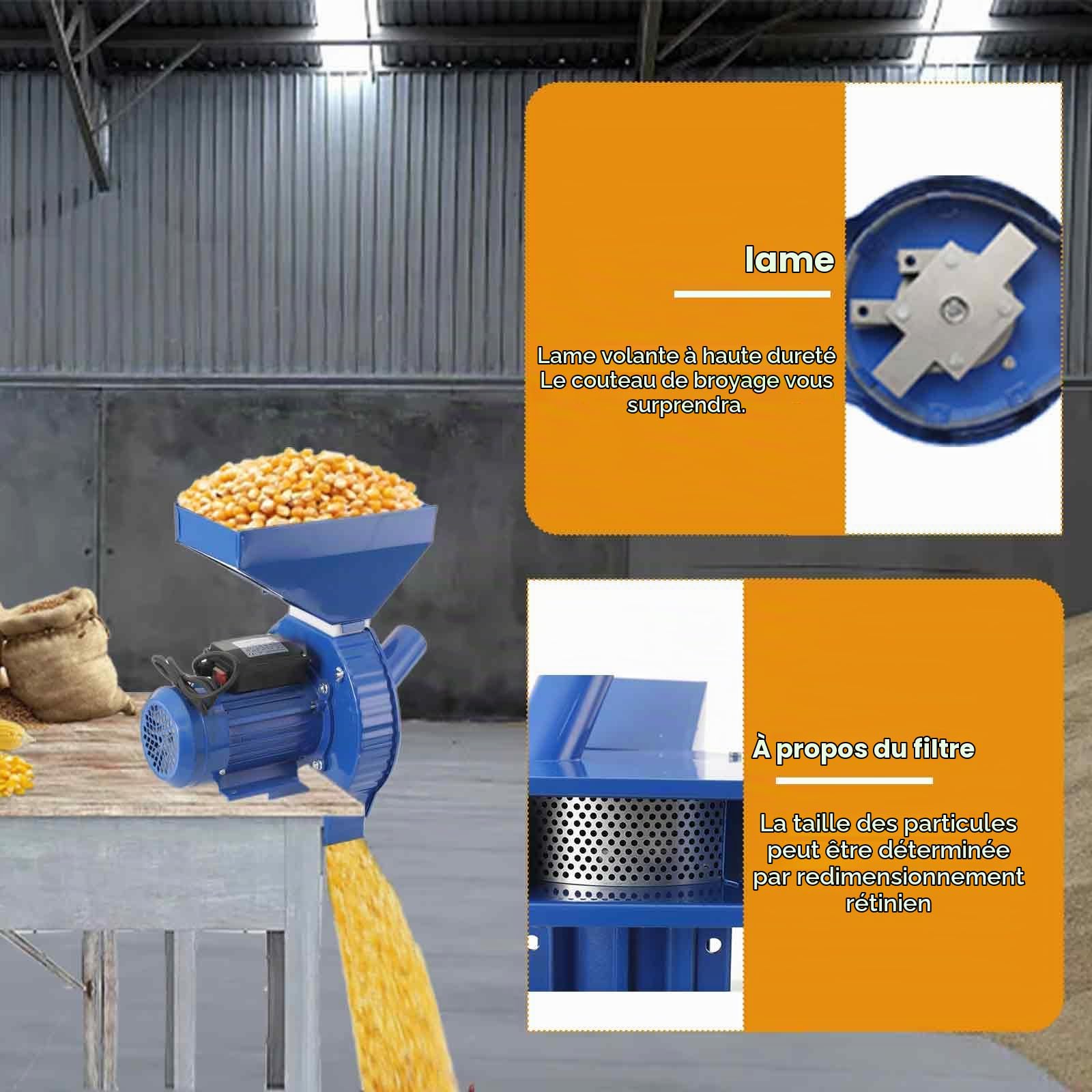 Moulin à Graines Électrique 1100W, 240kg/h, 4 Grilles de Broyage