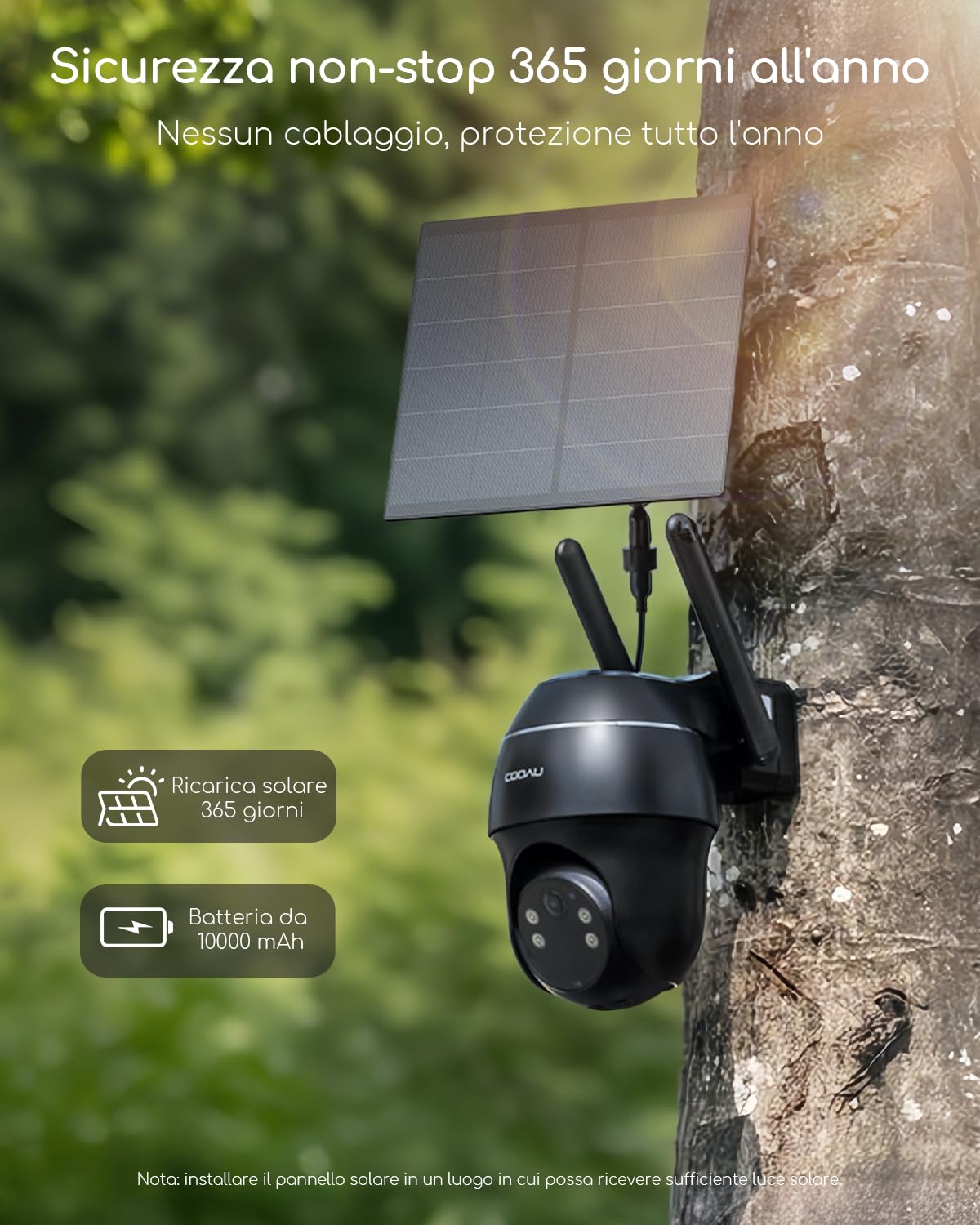 COOAU 24/7 AOV 4G 2K Telecamera con Sim 4g da Esterno con Pannello Solare | 8W Pannello Solare, Rilevamento AI, PTZ, Rilevamento AI, Tracking AI, Visione Notturna 20 Metri, Scheda eSIM Inclusa