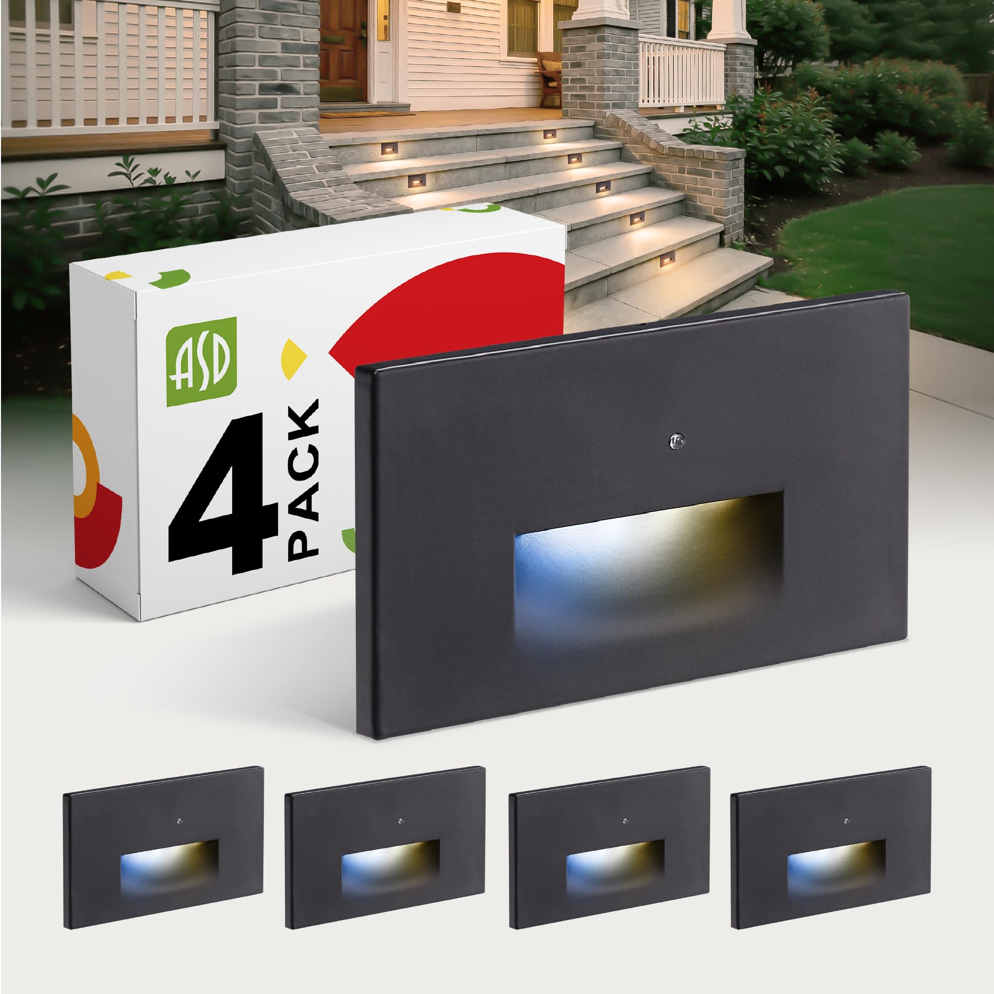 ASD LED Step Light 4-Pack | Dusk to Dawn, Stair Riser, Deck | Black