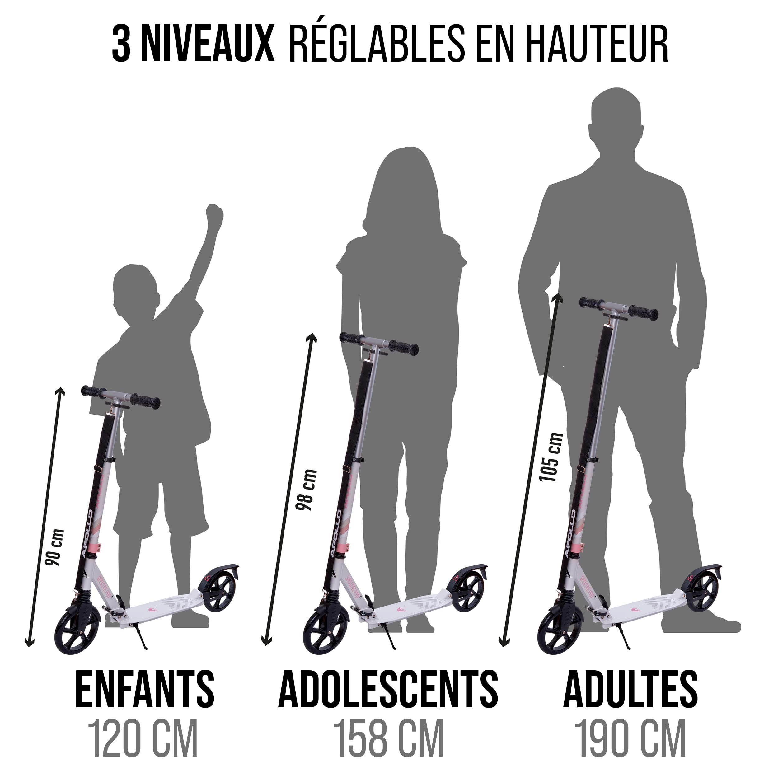 Apollo XXL Wheel Scooter 200 mm - Spectre Pro est un Trotinette City Scooter de luxe à double suspension, XXL City-Roller pliable et réglable en hauteur, trottinette, grand Kick Scooter pour adultes et enfants