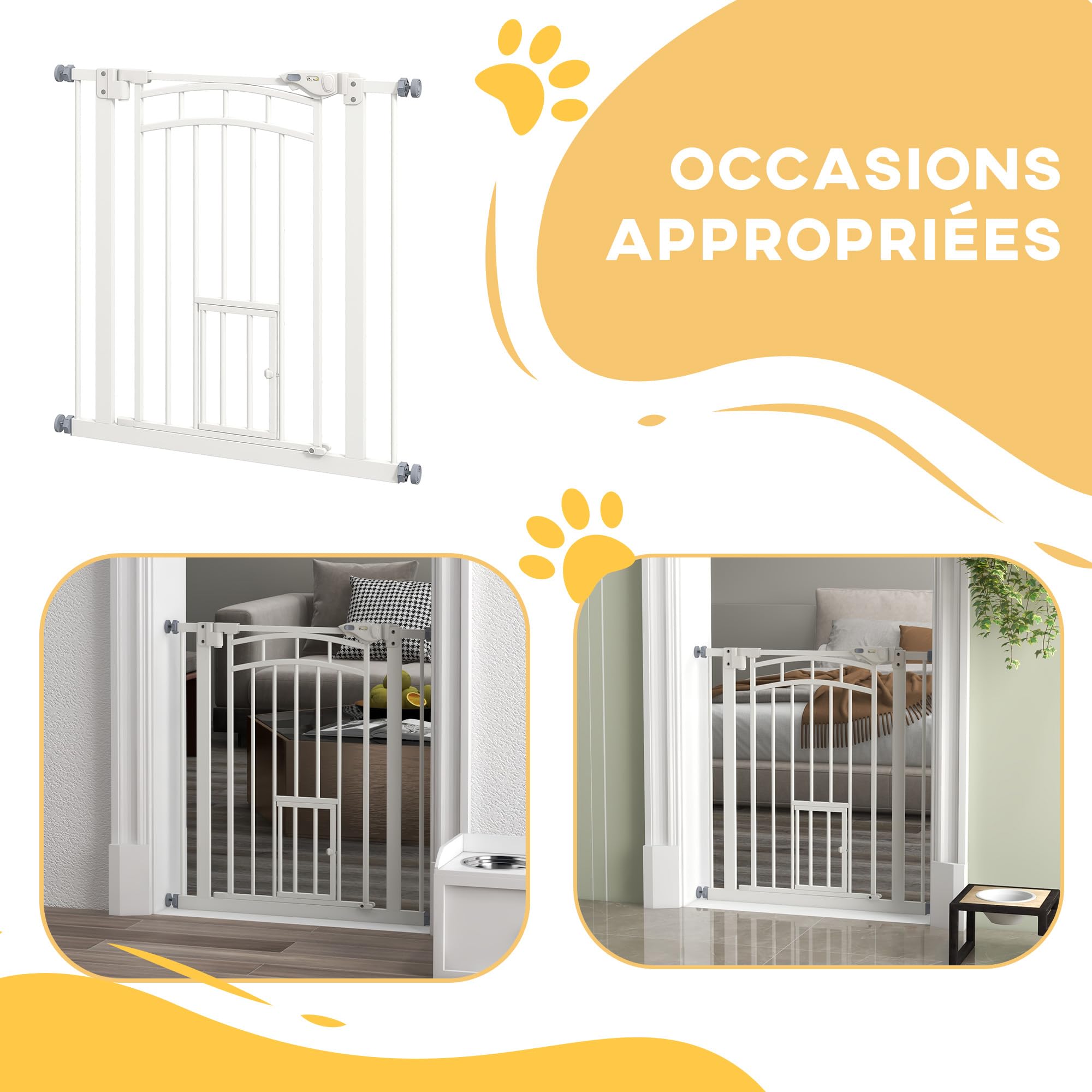 PawHut Barrière de sécurité Chien, barrière d'escalier à Fixation par Pression sans percer, Porte Fermeture Automatique, système de Double Verrouillage, 74 à 80 cm, Acier, Blanc | Barrière d'Escalier, Sans Percer, Porte Fermeture Automatique, Système de D