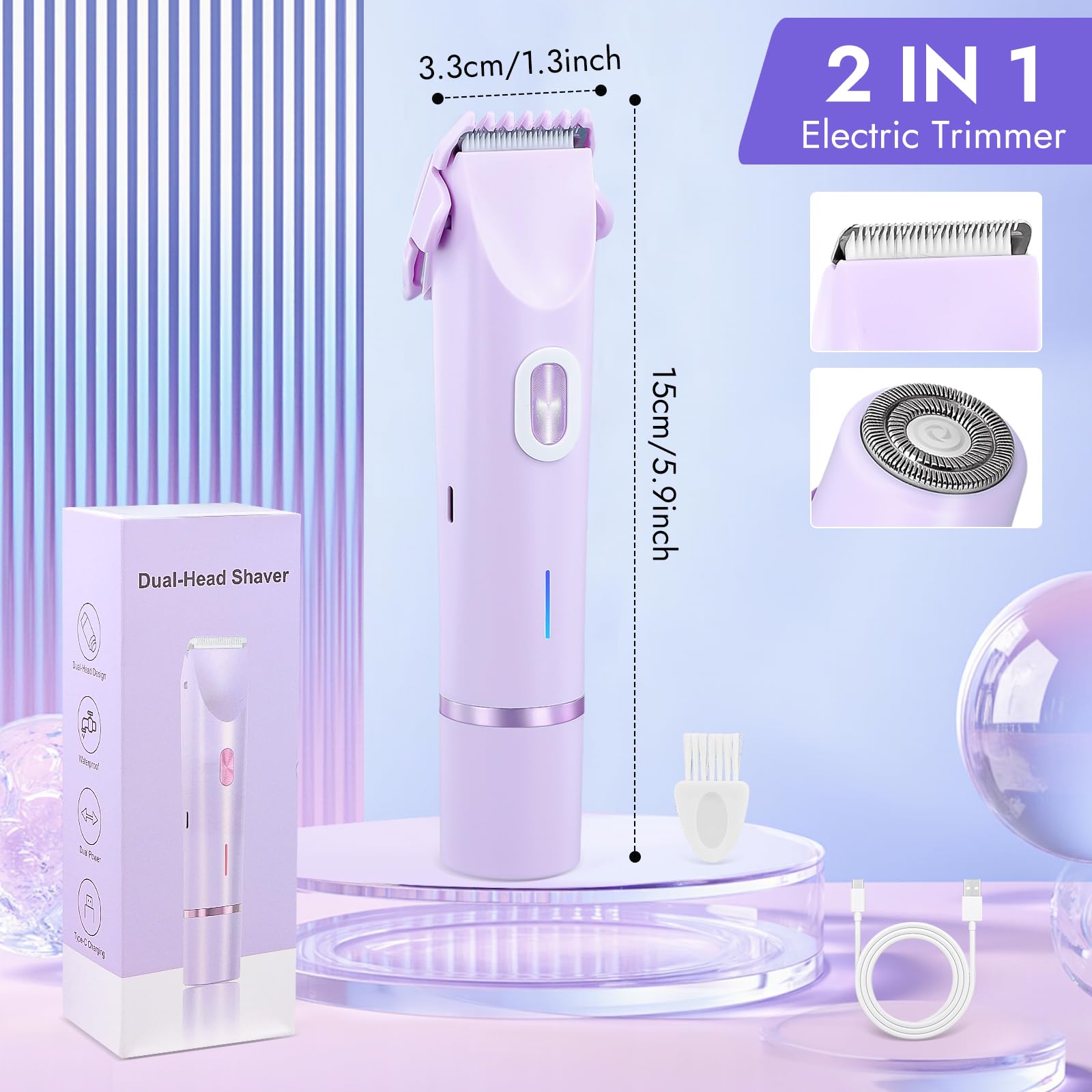 Rasoio Elettrico Donna 2 in 1, Ricaricabile Epilatore Elettrico Donna, IPX7 Impermeabile, Depilazione Indolore Rasoio per Corpo Ascelle Gambe Bikini, Uso Bagnato e Asciutto
