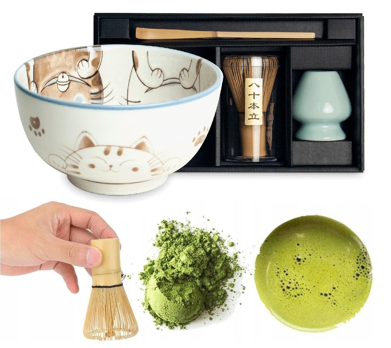 Matcha Set 4 tlg. Original japanische Schale mit Besen & Löffel Edo Japan Geschenkverpackung mit Matcha Besen Chasen, Matchabesen,Matchabesen Halter,Matcha Bambuslöffel Chashaku (Kawaii - Blue Cats)