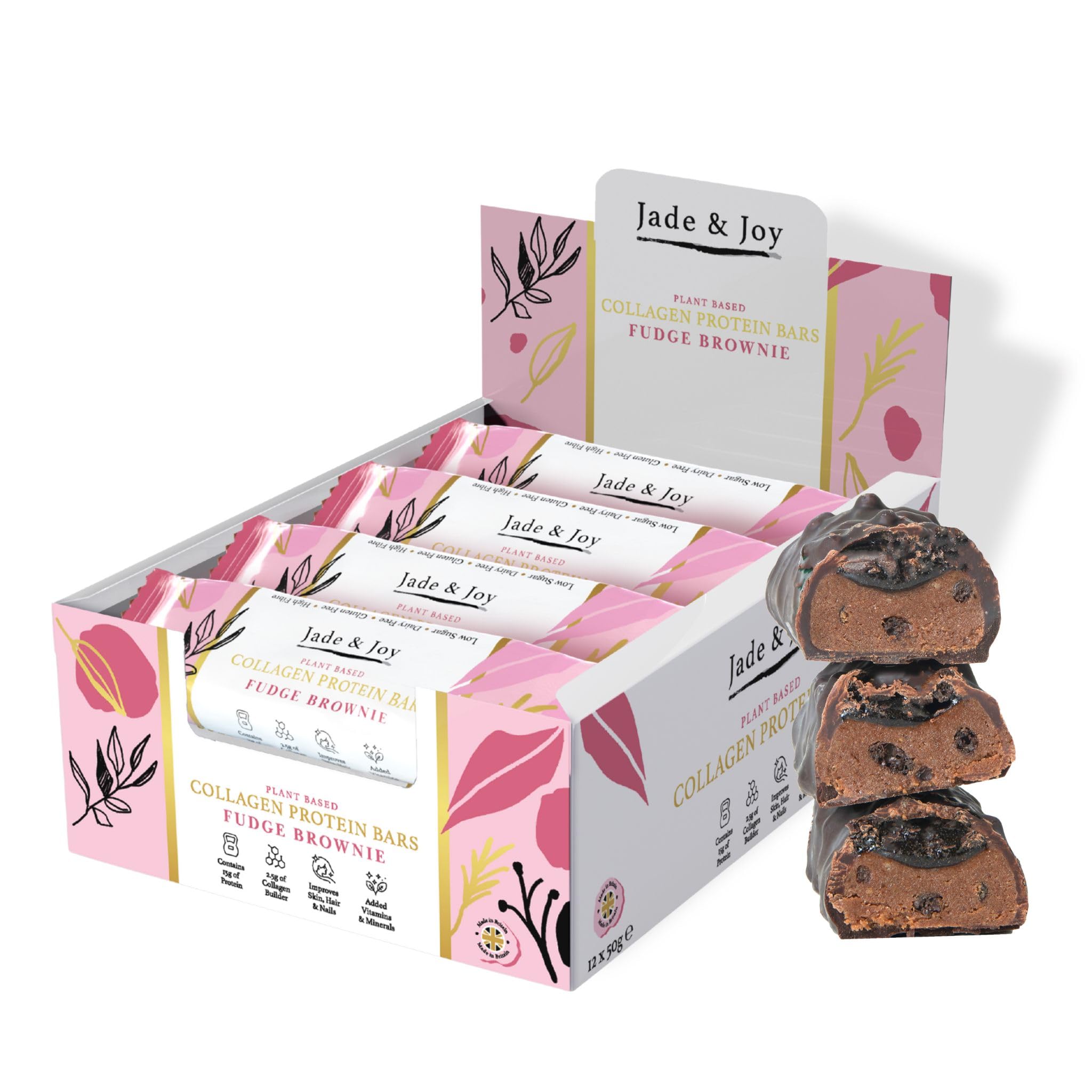 Jade & Joy Collagen Protein Bars, Fudge Brownie, 15g Protein, 2.5g Plant Collagen, Hyaluronic Acid, Low Sugar, Low Calories, Gluten Free, Dairy Free, Added Vitamins & Minerals, 12x50g