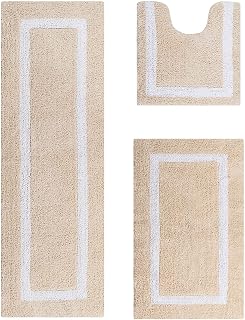 Better Trends 100% Cotton Hotel Collection Bath Mats Set, Sand & White Mats - Tufted, Reversible & Absorbent & Machine Washable 3 Piece Bathroom Rug Set, Toilet Base, Runner for Tub, Shower