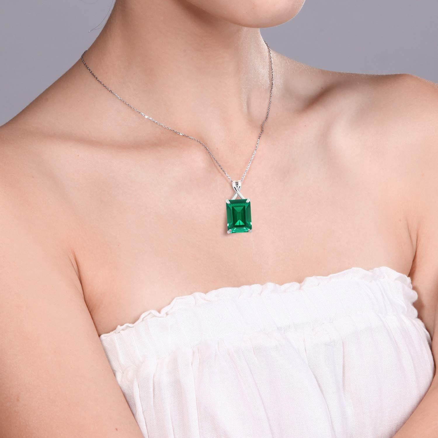 Gem Stone King 5-10 Cttw Emerald Cut Pendant Necklace For Women | 10K White Gold | Gemstone Birthstone | 14X10MM Emerald Cut | With 18 Inch 10K White Gold Chain
