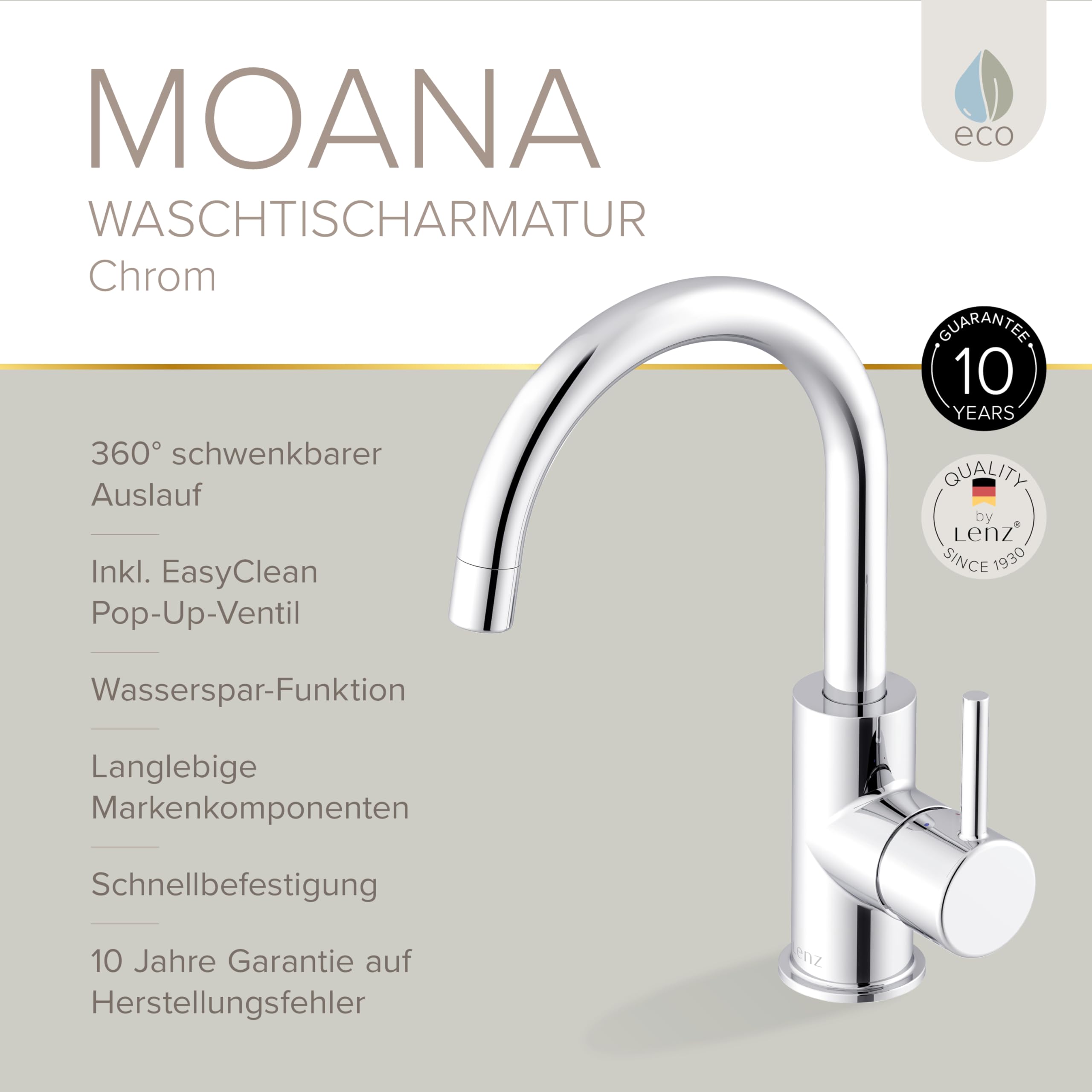 Lenz Waschtischarmatur MOANA in Chrom – wassersparend dank hochwertiger Markenmischdüse – einfache Installation & Reinigung – 360° schwenkbarer Bogenauslauf – 46012302