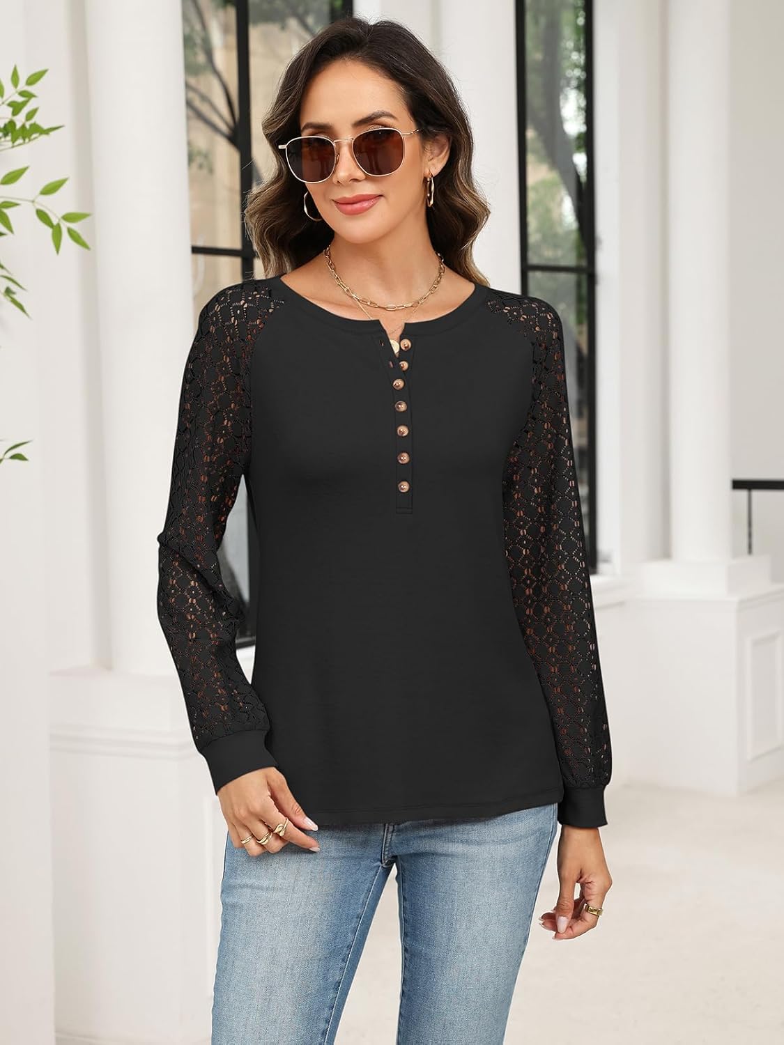 Minetom Women's Lace Long Sleeve Tops Henley Shirts Casual Blouses T Shirts Fall Clothes - Image 2