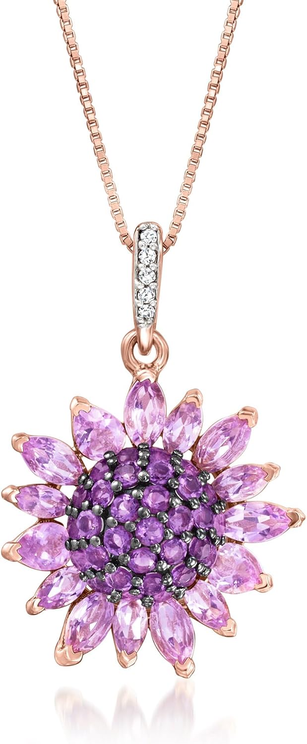Ross-Simons 2.90ct Amethyst & 0.10ct White Topaz Flower Pendant Necklace in 18kt Rose Gold over Sterling, 18"