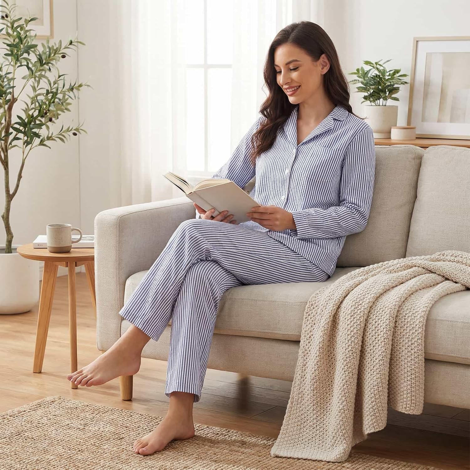 Women's Striped Seersucker Pajama Set Cotton Long Sleeve Button Down PJs 2-Piece Lounge Set with Pockets - Image 4