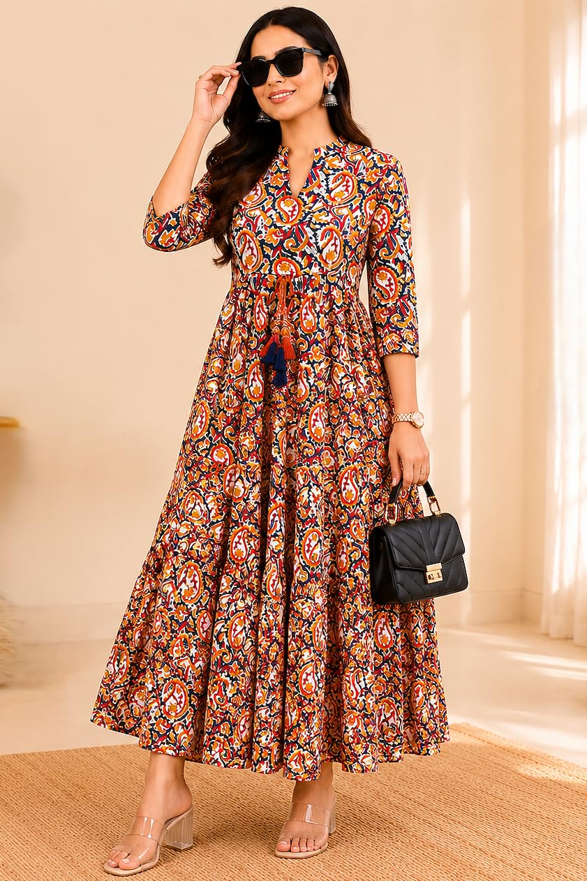 Trending Midi Length 1 Piece | Cotton A-Line Midi Dress | Trending Paisley Printed Fit & Flare Gown | Casual Summer Dress-image-7