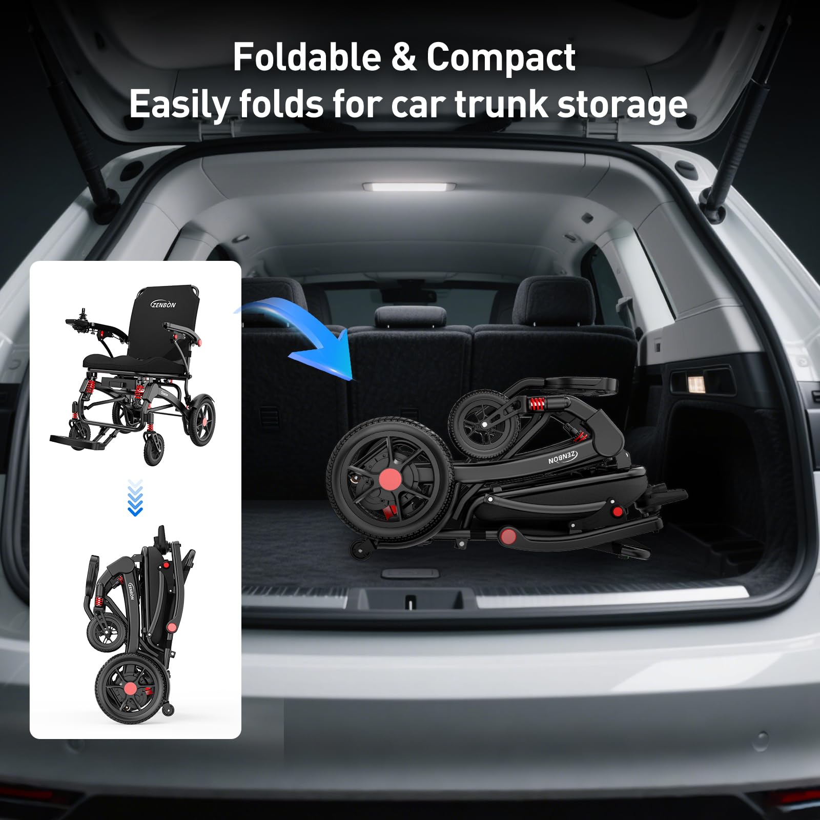 Silla de Ruedas Eléctrica Plegable Ligera 19 kg: 25 km Silla de Ruedas Eléctrica con Mando a Distancia y Botón de Ayuda para Empujar Trasero - Sillas de Ruedas Eléctricas de Hasta 150 kg