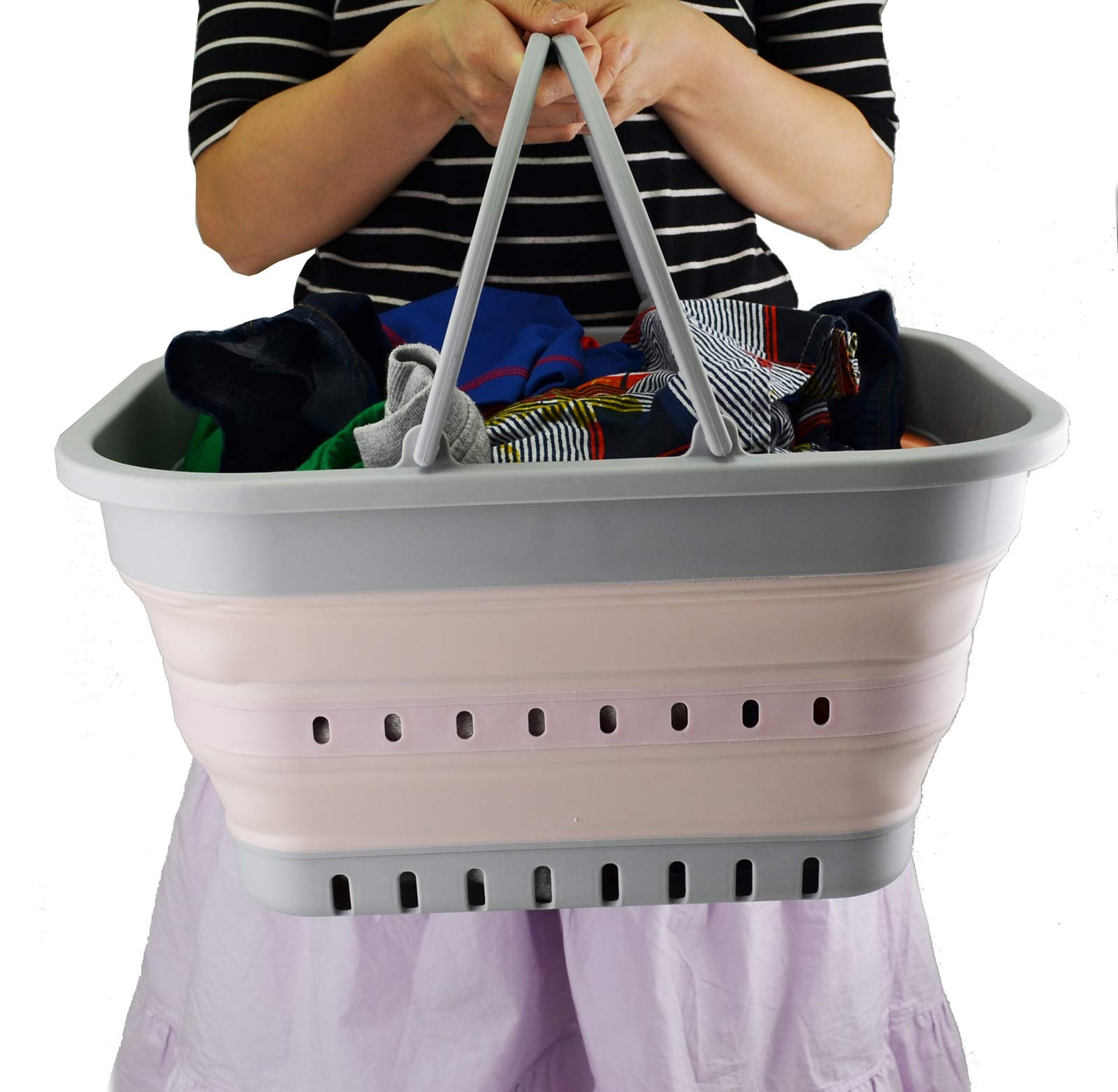 SAMMART Tina plegable de 19 litros con asa, cesta de picnic portátil al aire libre, bolsa de compras plegable, contenedor de almacenamiento que ahorra espacio (1, gris/rosa)