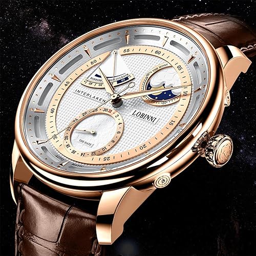 Miniatura 5 de LOBINNI Reloj automático mecánico de fase lunar para hombre, impermeable, vestido de pulsera de lujo de moda para hombre