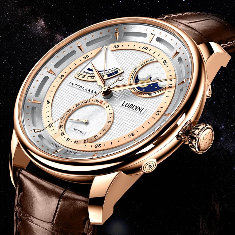 LOBINNI Orologio da polso da uomo, con fasi lunari, meccanico, automatico, impermeabile, alla moda, lussuoso, per uomo