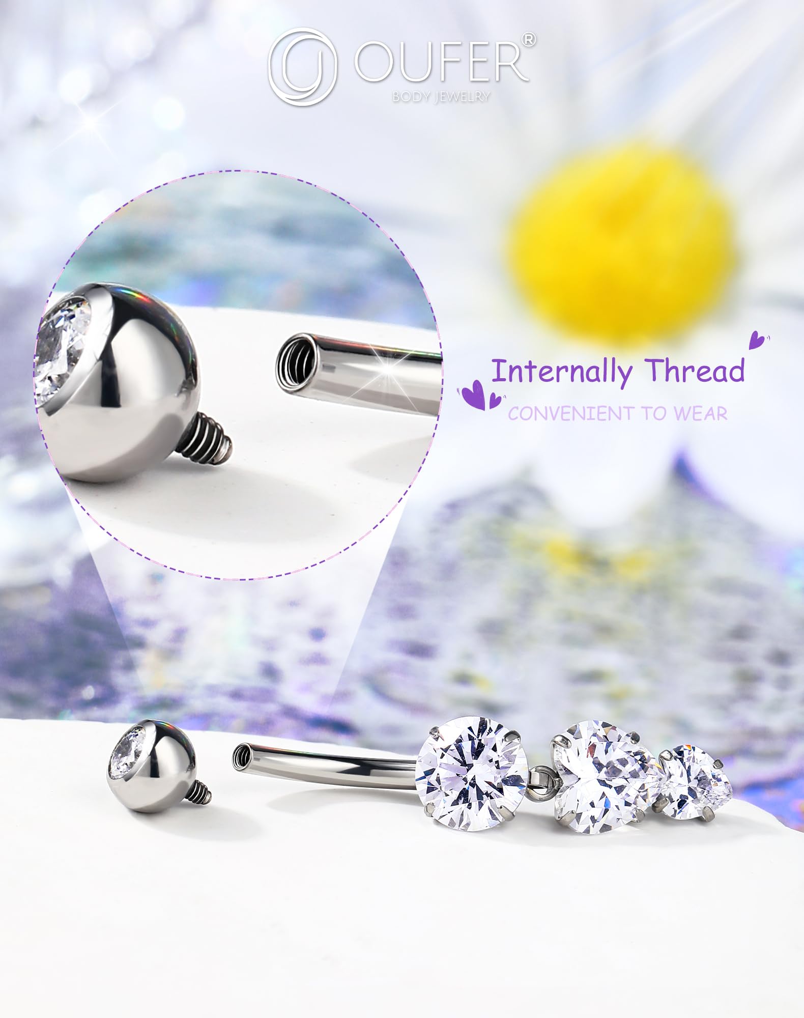 OUFER Piercing para ombligo de acero inoxidable 316L con rosca interior de 14 g, joyería para ombligo, joyería para mujer, 8/10/12/14/16 mm