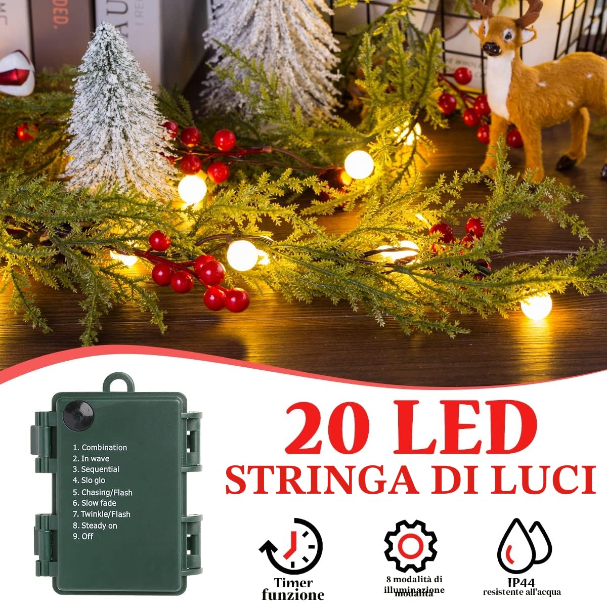 Ghirlanda Natalizia, Quntis Ghirlande Artificiali 175cm con 20 Lampadine, Pigne, Bacche Rosse, Campanelle Natalizie 8 Modalità di Luce e Timer Ghirlanda di Natale per Decorazioni Natalizie